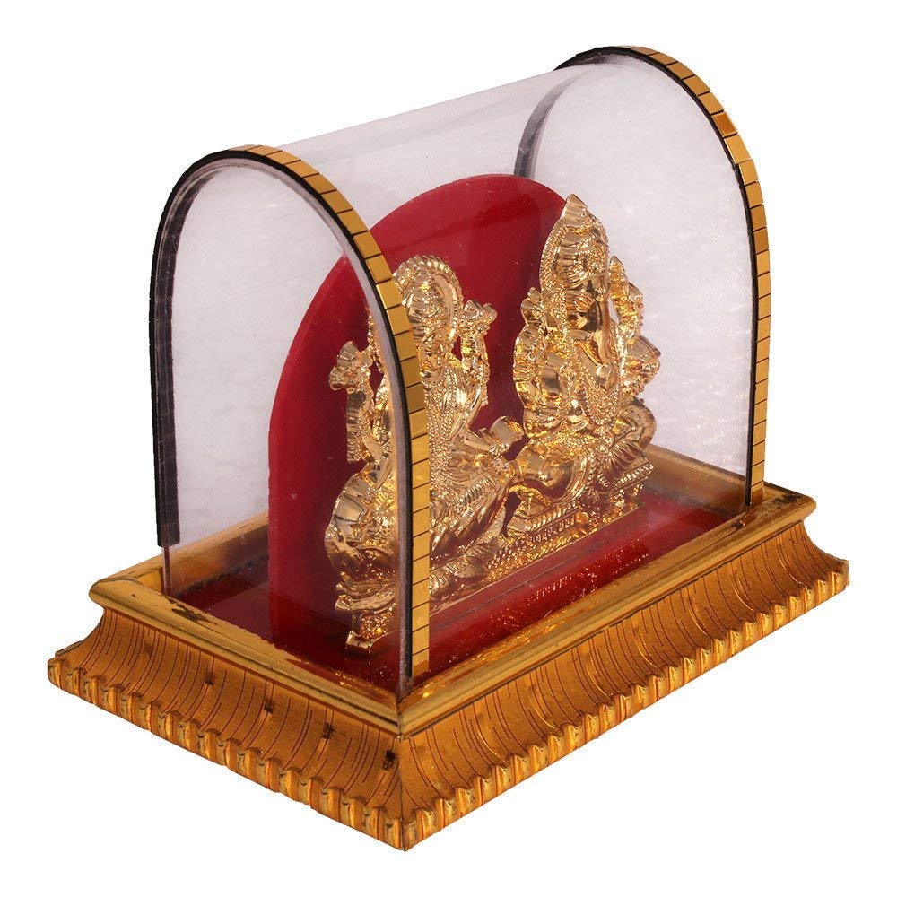 Gold Plated Lord Ganesh & Maa Laxmi Acrylic Saraswati Idol Hindu God Ganpathi & Goddess Laxmi Pooja Mandir Spiritual Figurine St