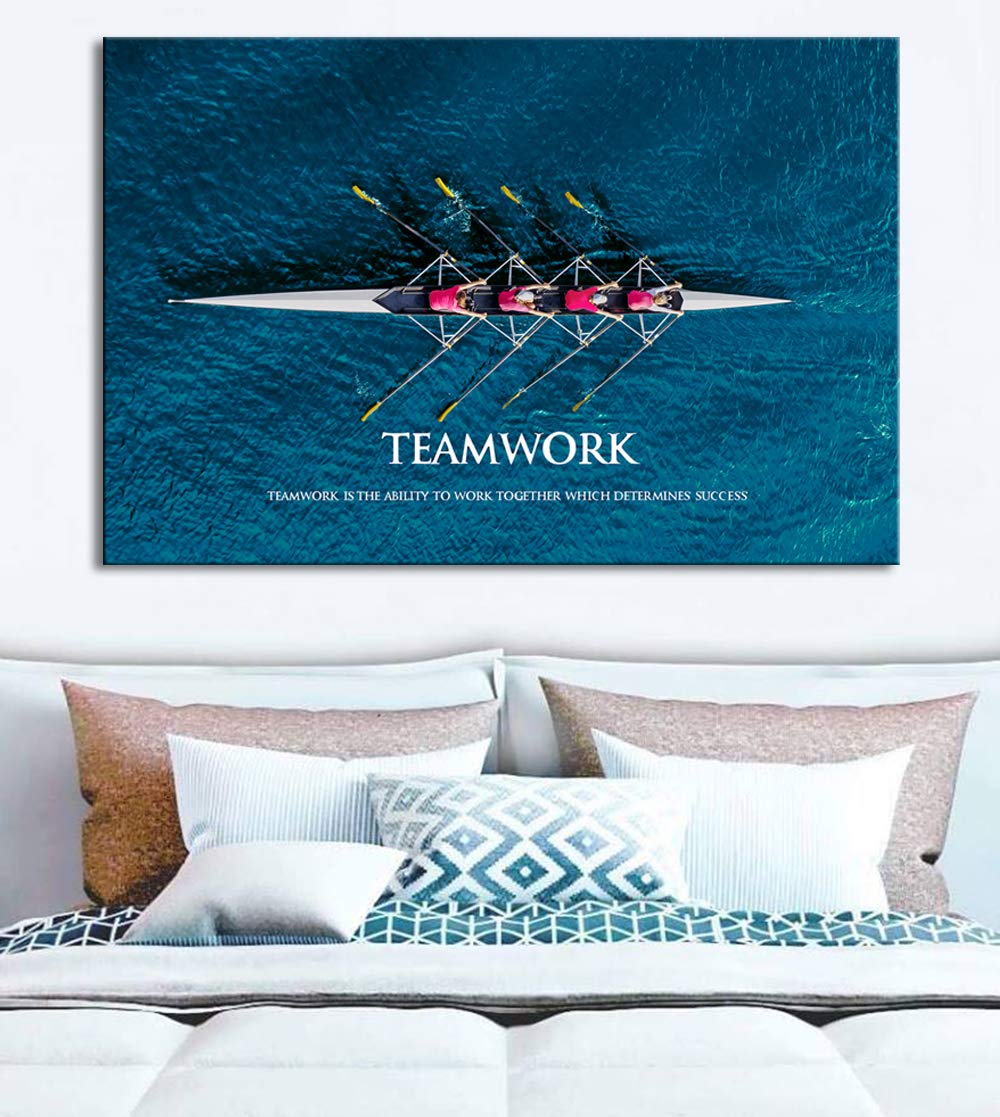 Klvos Inspirational Success Teamwork Canvas Wall Art Rowing Team On Blue Ocean Framed Motivational Self Positive Office Quotes P