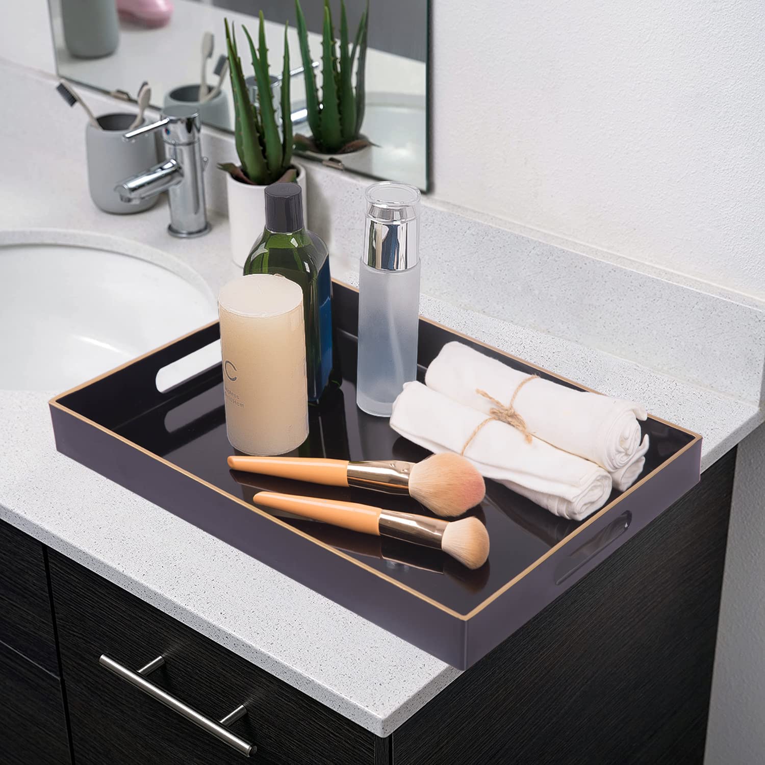 Maoname Black Serving Tray With Handles, Rectangular Decorative Tray, Modern Coffee Table Tray, Plastic Ottoman Tray For Bathroo