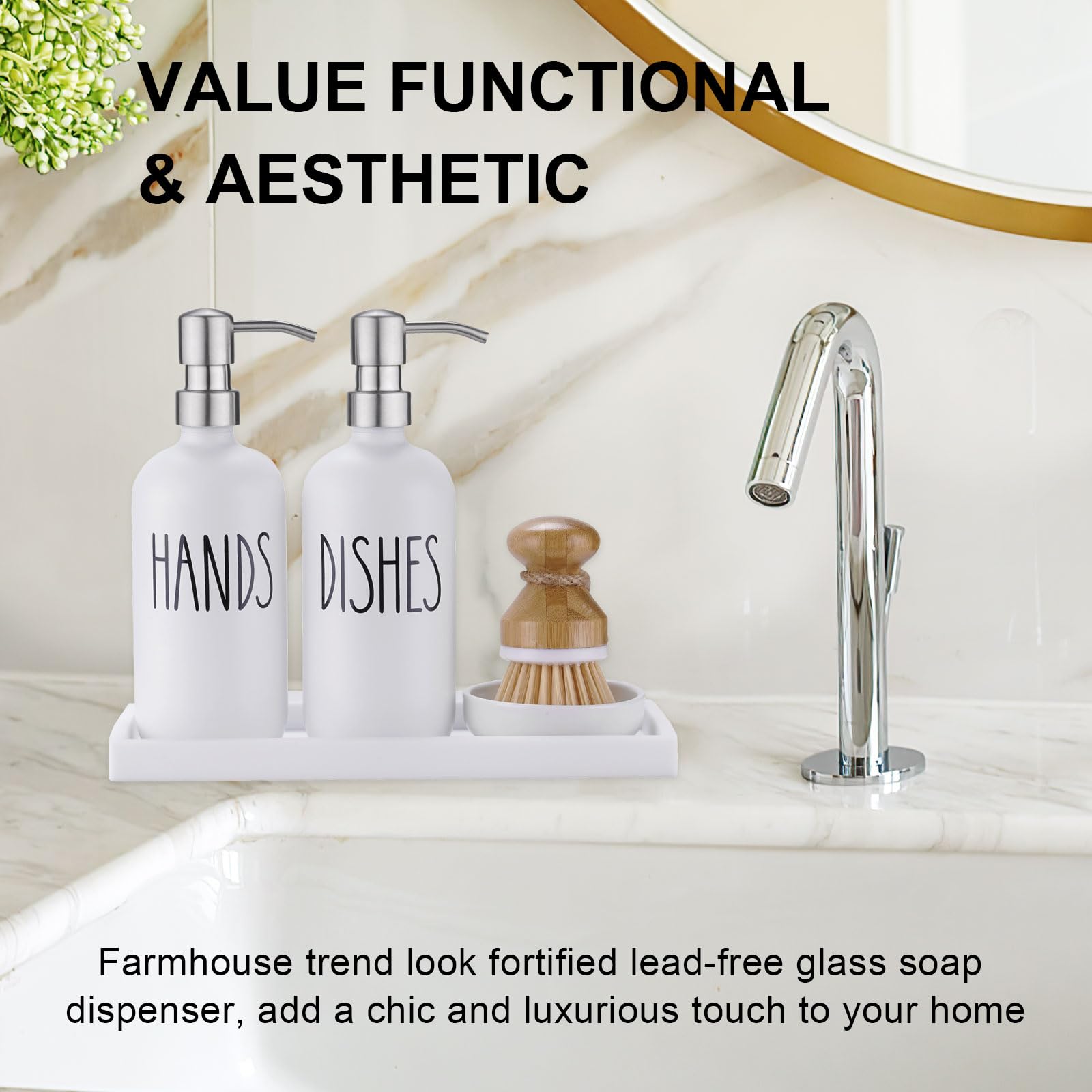 Glass Soap Dispenser For Kitchen Sink,Farmhouse Kitchen Dish Soap Dispenser&Hand Soap Dispenser Set,Rustproof Pump Soap Dispense