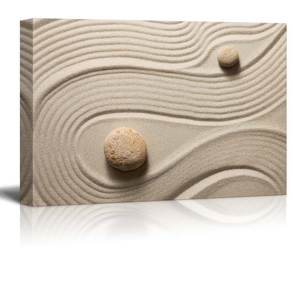 Wall26 - Two Stones In A Japanese Rock Garden From Above With A Raked Snaking Design - Canvas Art Home Art - 12X18 Inches