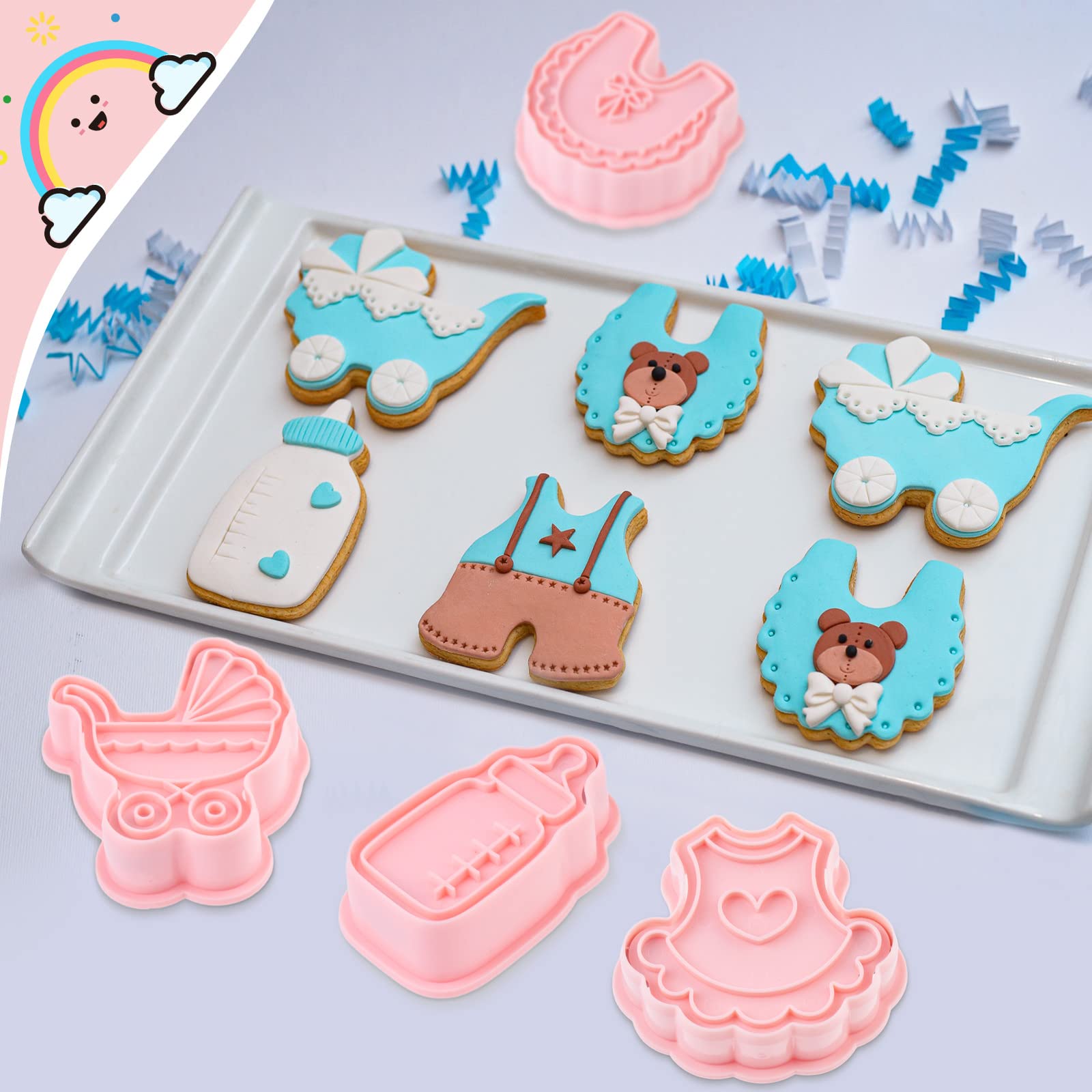 Jinei 16 Pcs Baby Shower Cookie Cutters Set - Pink Polypropylene Molds with Plunger Stamps for Baking and DIY Fondant 3D Desserts