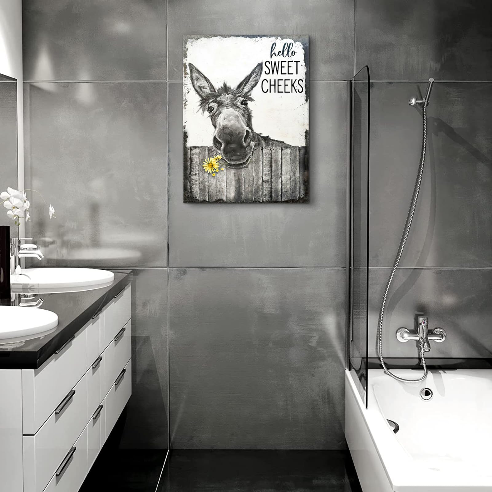 Farmhouse Bathroom Wall Art Donkey Poster Funny Donkey Pictures for Wall Rustic Canvas Print Black and White Painting Animal Wall D?or Country Vintage Framed Artwork 8''x12''