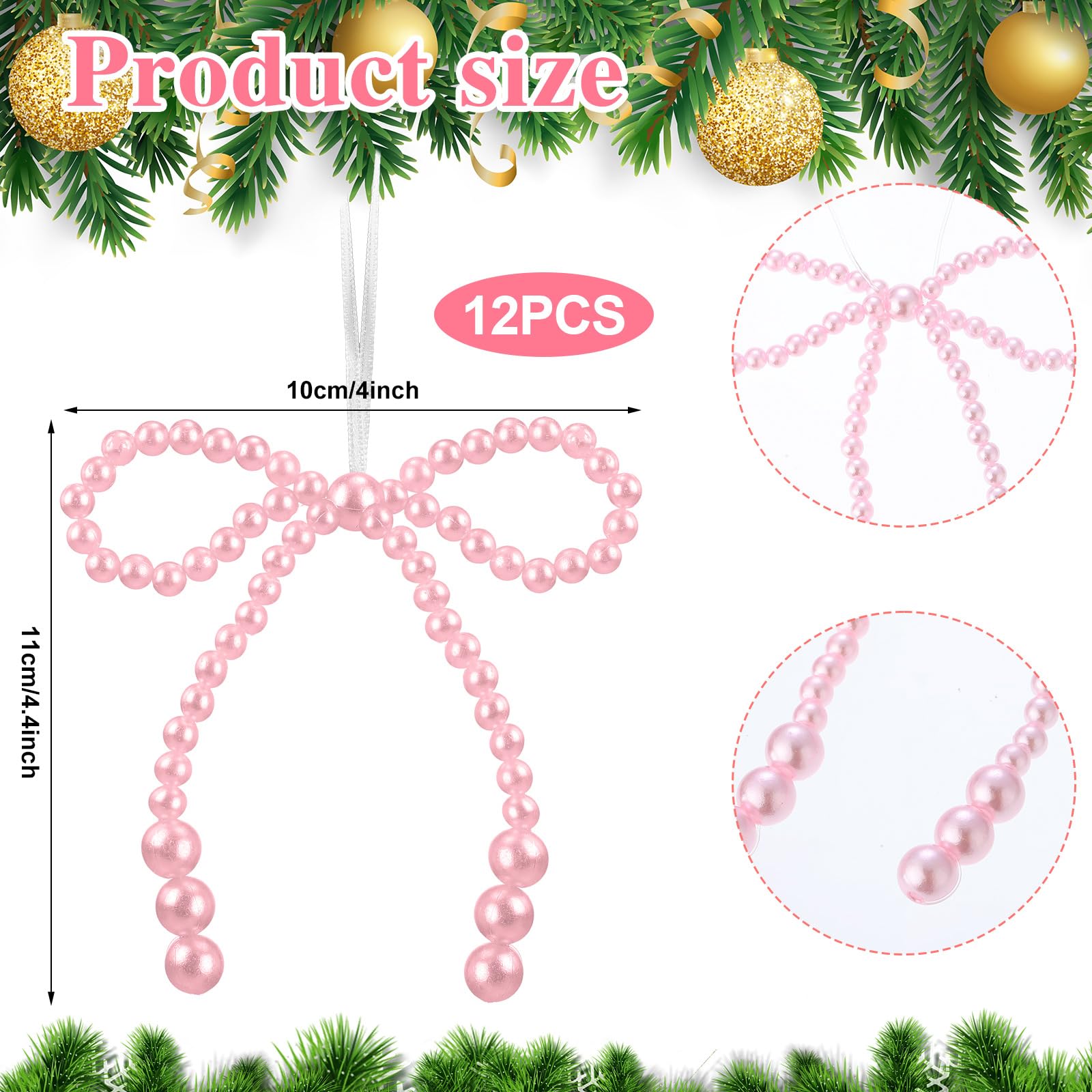 VioraWhite 12 Pcs Pearl Bow Christmas Ornaments Bowknot Tree Topper Decor Xmas Hanging Ornament Pendant Decoration Gift for Wedd
