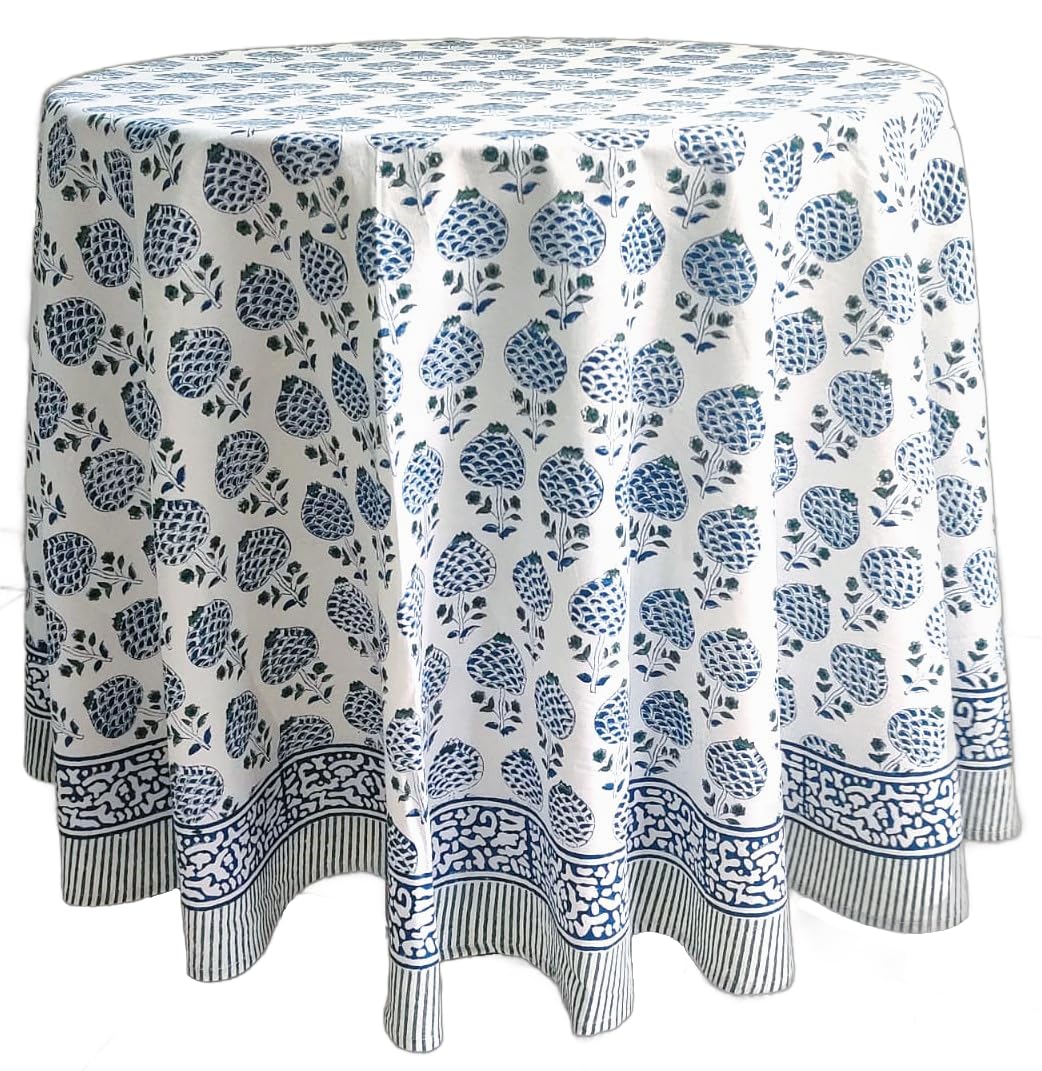 ATOSII Roma Blue 100% Cotton Boho Round Fall Tablecloth, Handblock Floral Print Table Cloth Linen for Kitchen Dining I Parties, 