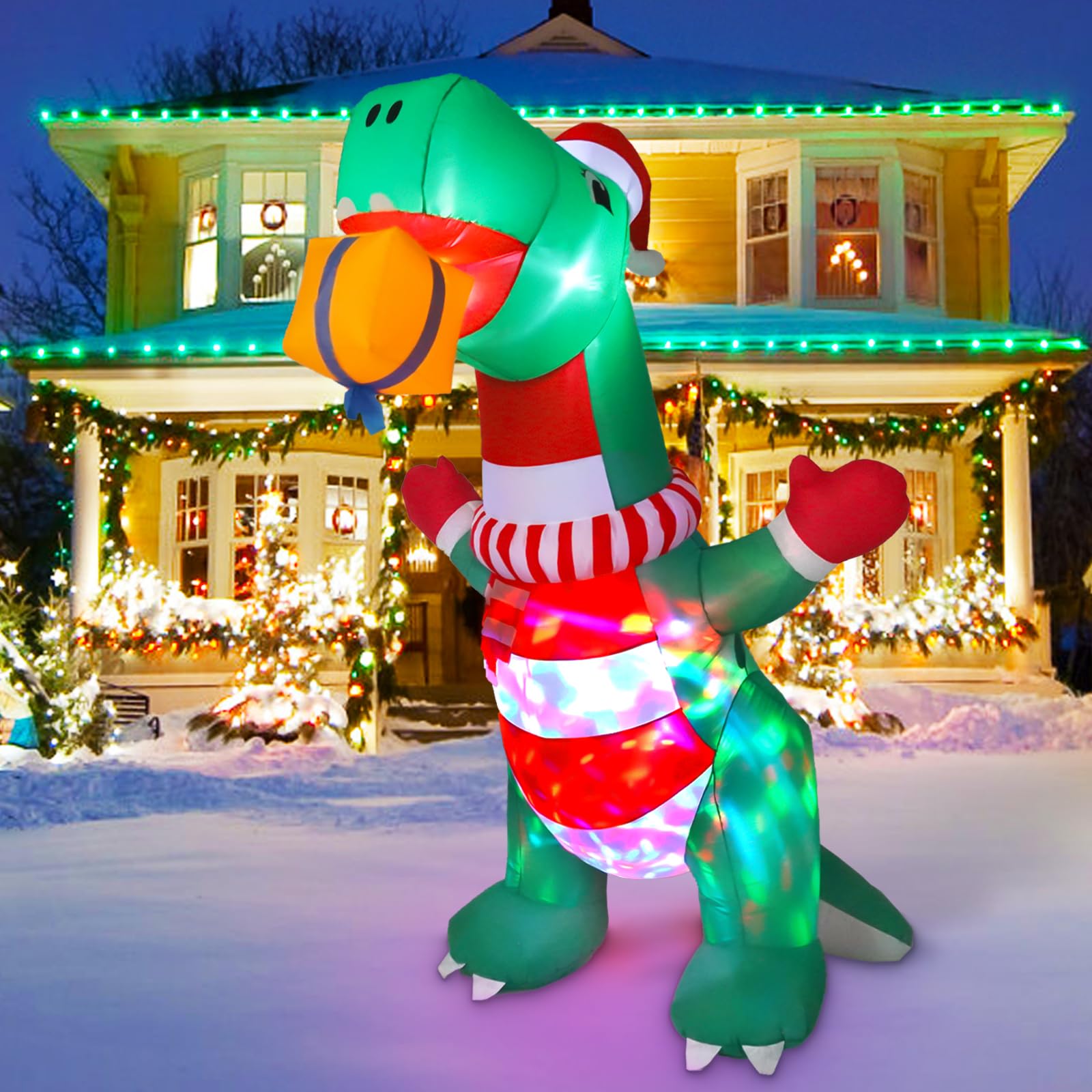 8FT Christmas Inflatables Outdoor Decorations, Blow Up Yard Dinosaur Decoration with Christmas Hat & Gift Box, Built-in LED Ligh