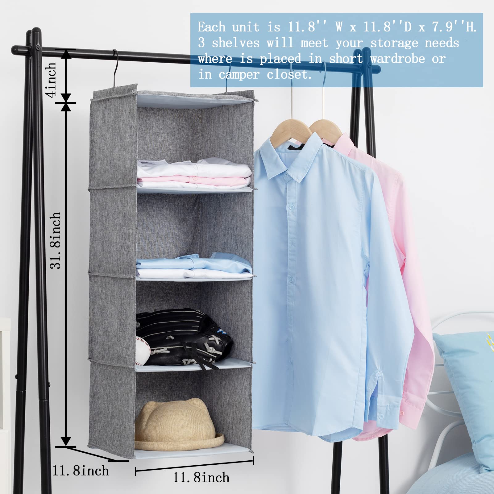 Donyeco Hanging Closet Organizer, Easy Mount Collapsible 4-Shelf Camper Closet Wardrobe Hanging Storage Shelves, Folded Clothes