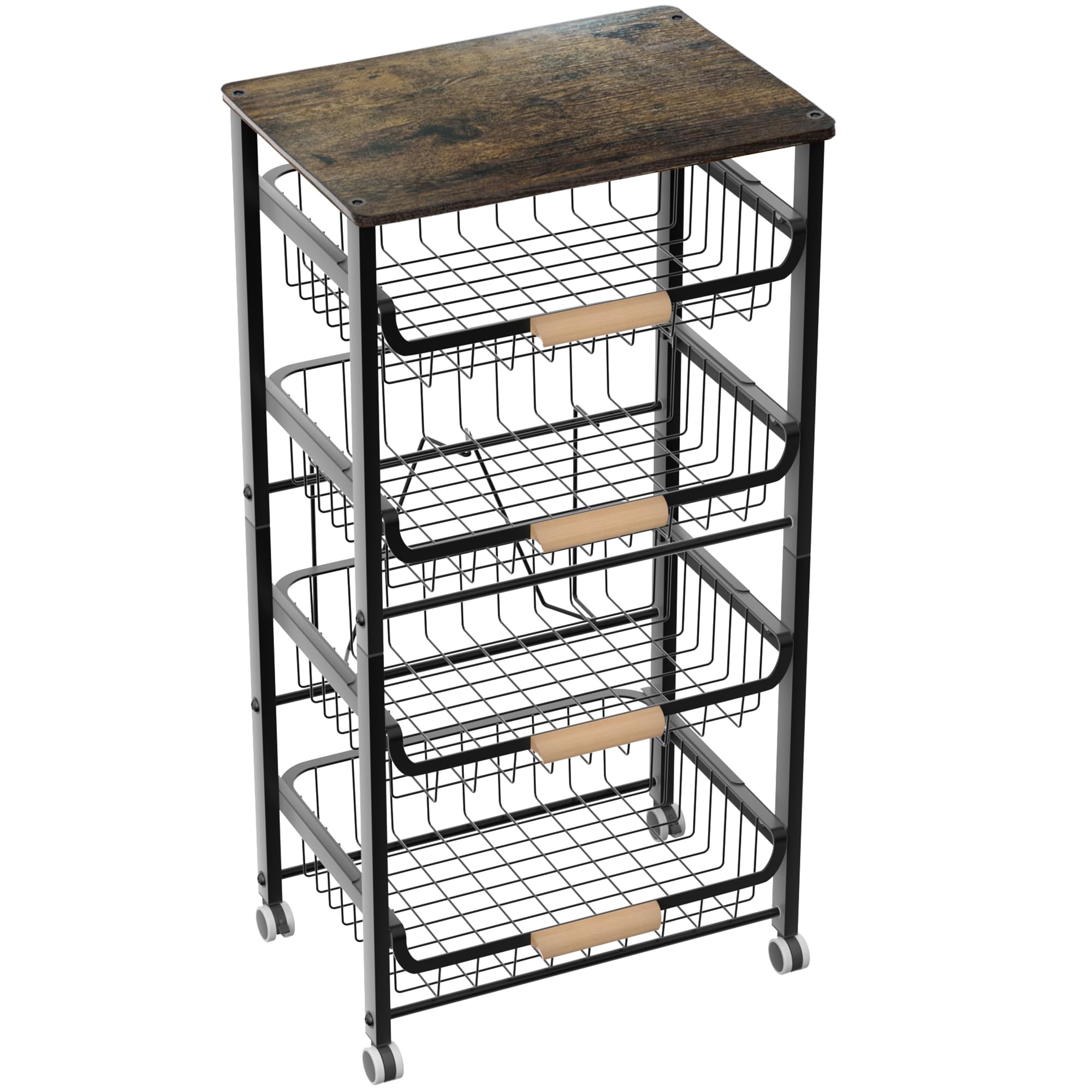 Niuyichee 5-Layer Fruit Basket Kitchen Food Organizer And Rack, Stackable Storage Cart With Desktop, Pull-Out Hollow Metal Baske