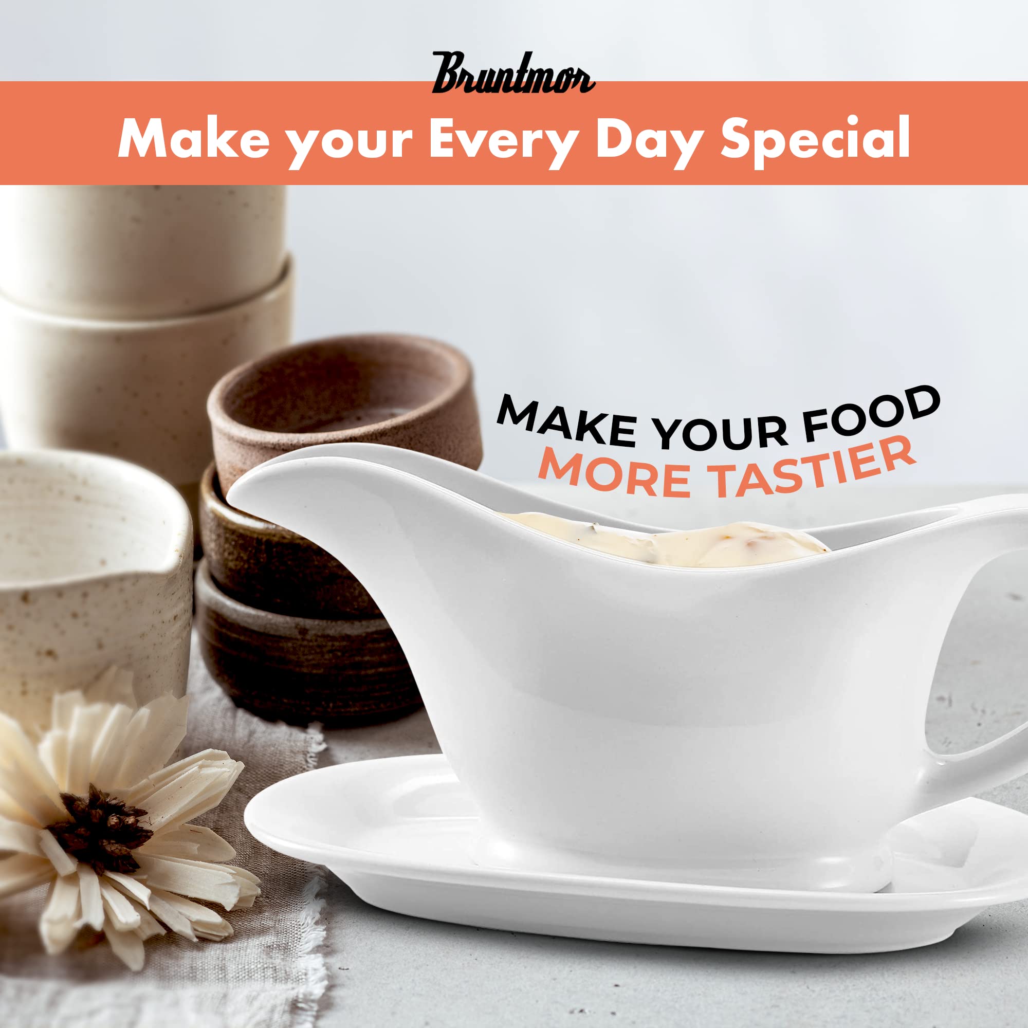 Bruntmor 11 Oz White Ceramic Gravy Boat With Tray, 11 Ounce Small Ceramic Serving Dish, Dispenser With Tray For Sauces, Gravy Bo