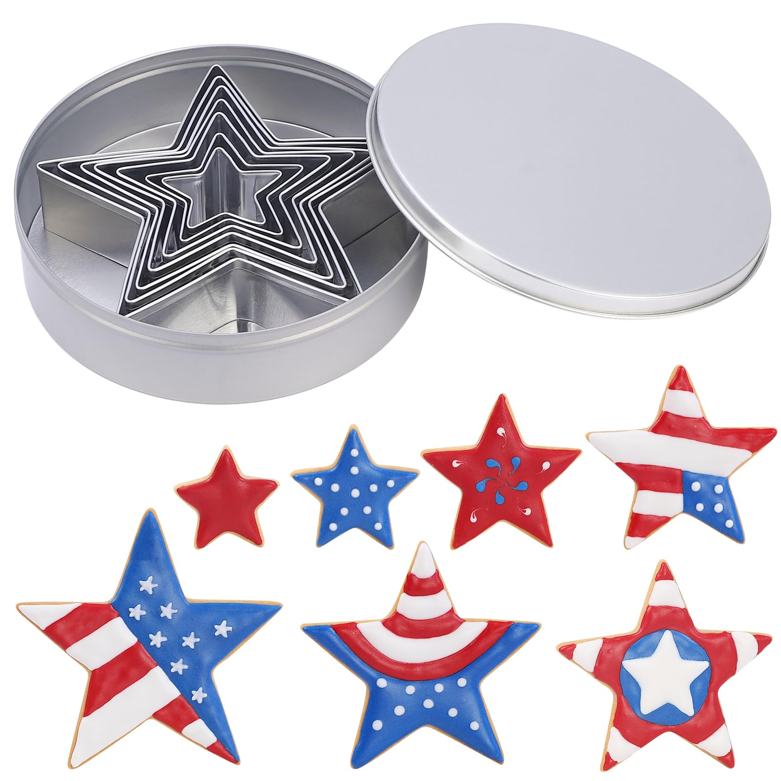 7-Piece Star Cookie Cutter Set with Metal Storage Tin | Stainless Steel Baking Tools for Cookies, Biscuits, Sandwiches | Kids Ho
