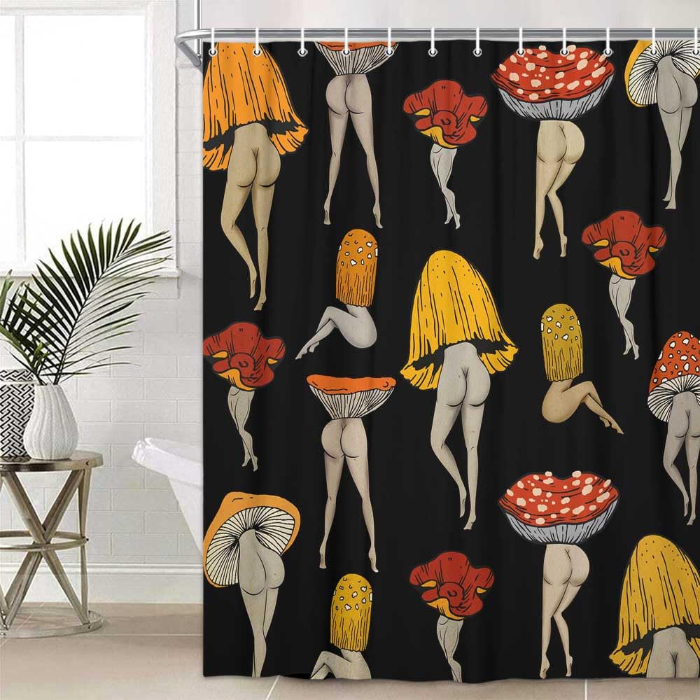 Lacoiime Funny Mushroom Shower Curtain, Cool Black Mushrooms Butt Shower Curtains For Bathroom Cute Fabric 70S Hippie Cottagecor