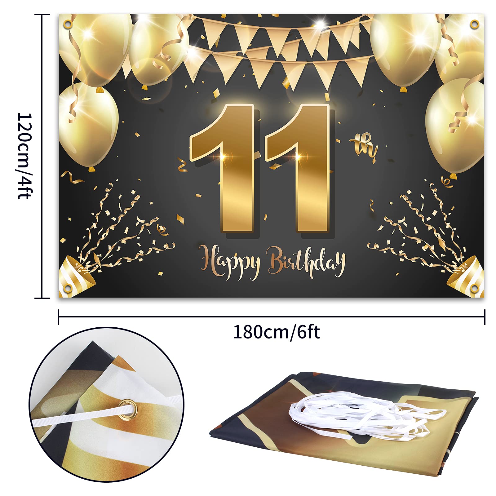 Hamigar 6X4Ft Happy 11Th Birthday Banner Backdrop - 11 Years Old Birthday Decorations Party Supplies For Girls Boys - Black Gold