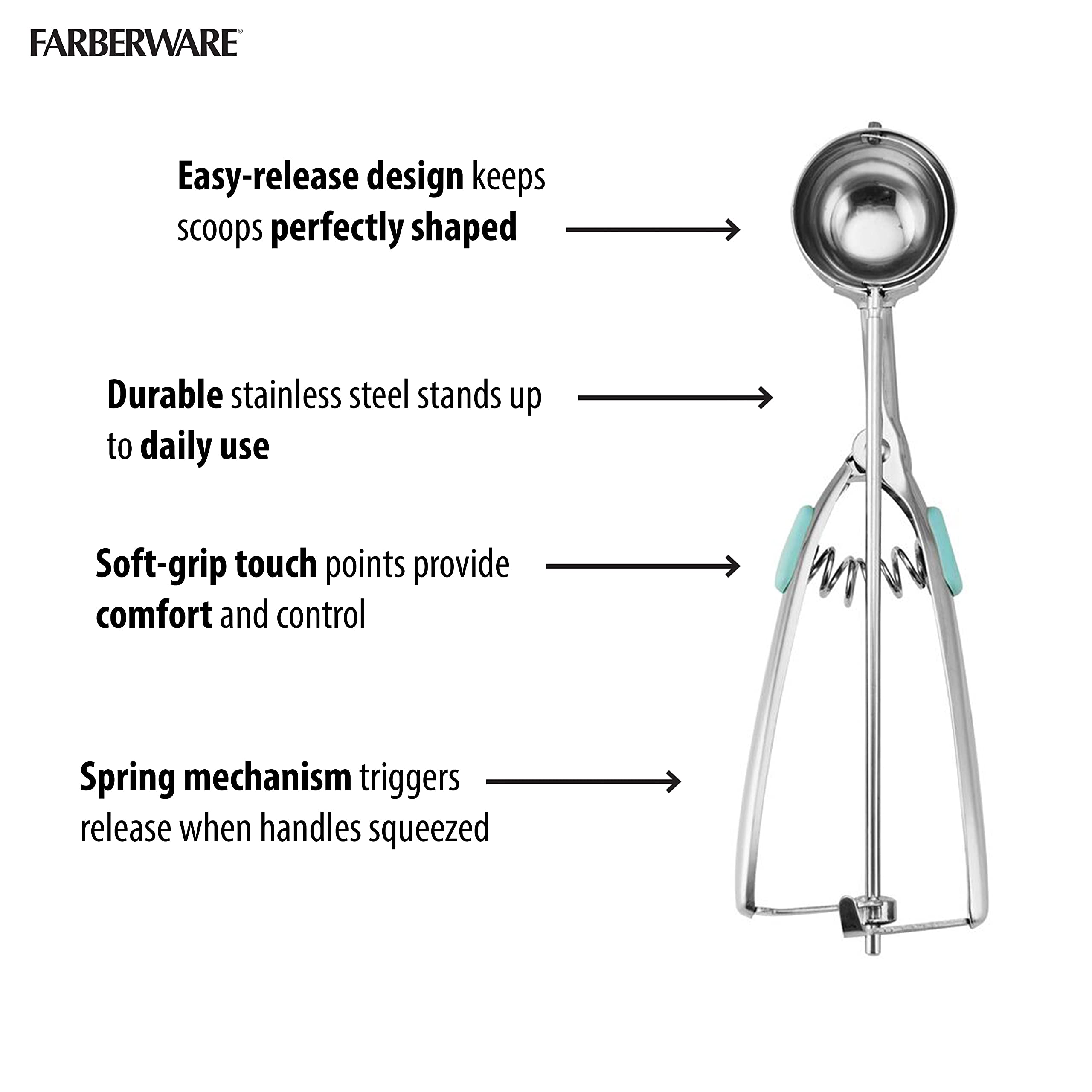 Farberware Stainless Steel Cookie Dough Scoop, 8.27 Inch, Aqua Sky, Model 5216363
