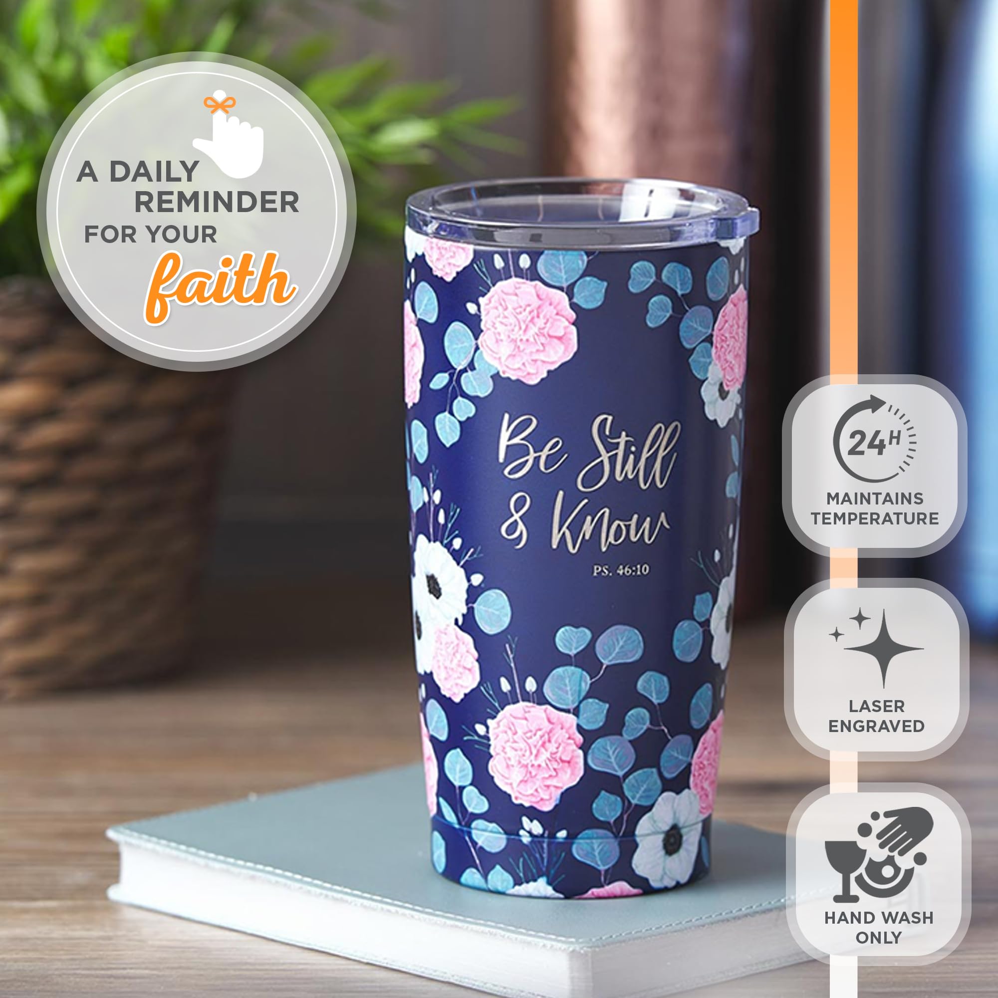 Christian Art Gifts Stainless Steel Double-Wall Vacuum Insulated Travel Mug 18 Oz Navy Blue With Pink Floral Tumbler With Lid Fo
