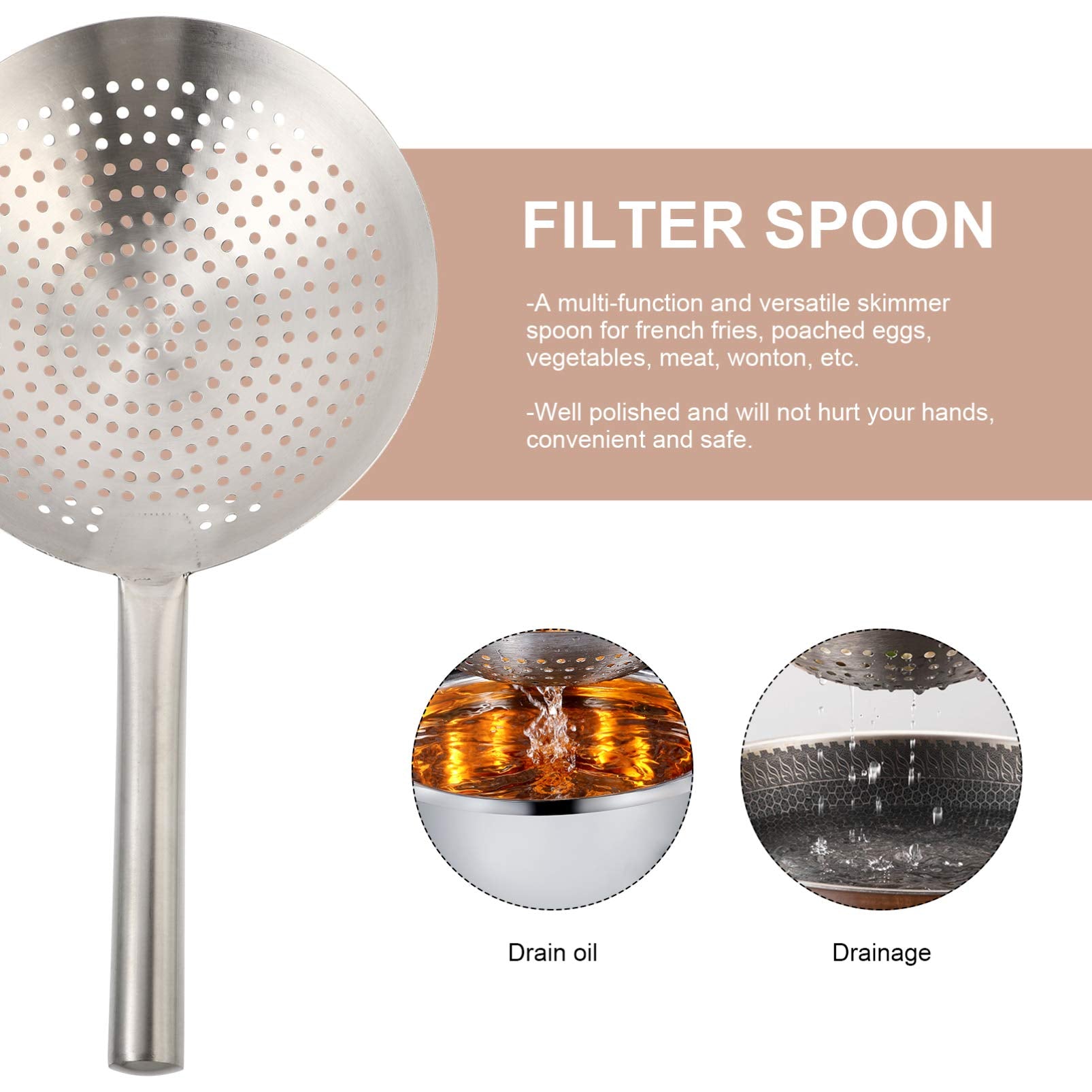 Yardwe Noodle Spoon Stainless Steel Skimmer Spoon Slotted Strainer Ladle Fine Mesh Wire Oil Filter Mandarin Colander Scoop For K