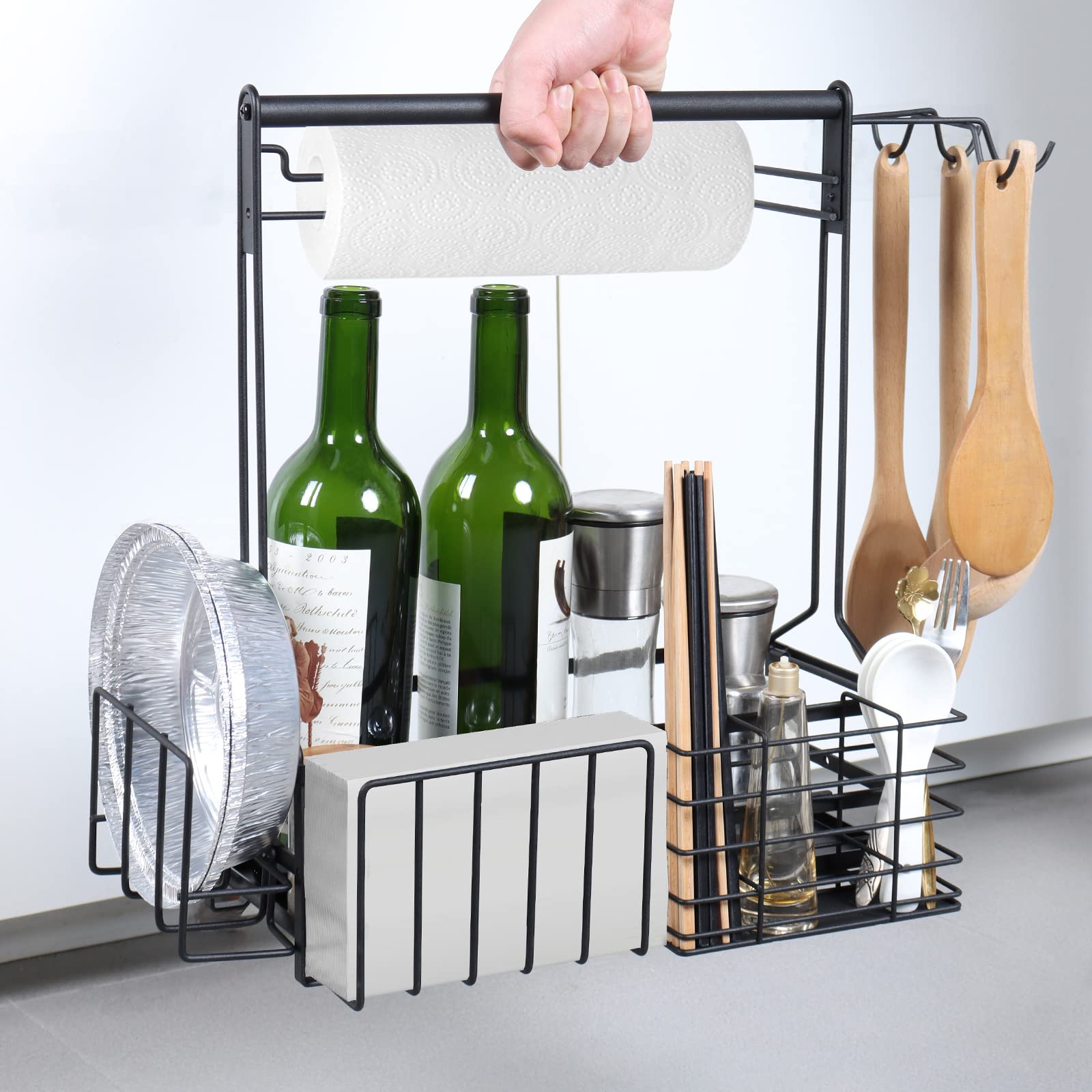 Bbq And Grill Caddy With Paper Towel Holder, Iron Steel Handle & 4 Hooks - Camper Accessories Condiment Caddy - Plates, Cutlery