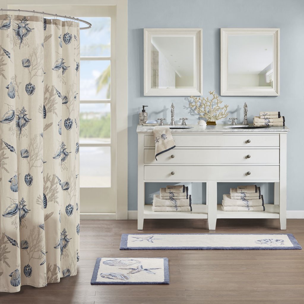 Madison Park Bayside 100% Cotton Tufted Non-Slip Absorbent Ultra Soft Seashells Beach Style Bath Mat Bathroom Rugs, 24X60 Inches
