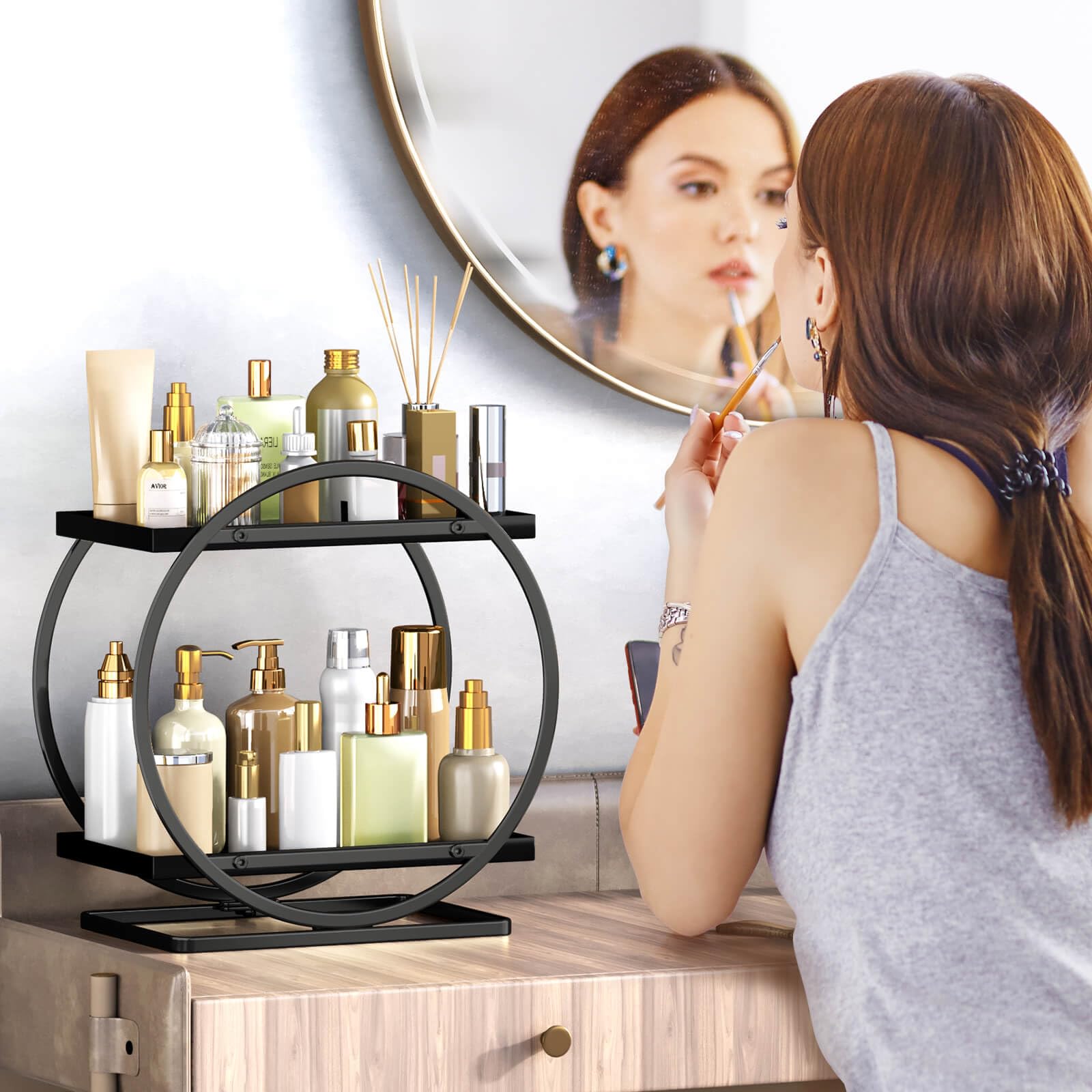 Yiwanfw Makeup Organizer And Storage, Black Perfume Organizer For Dresser Bathroom Vanity Organizer Skincare Organizers, 2 Tier