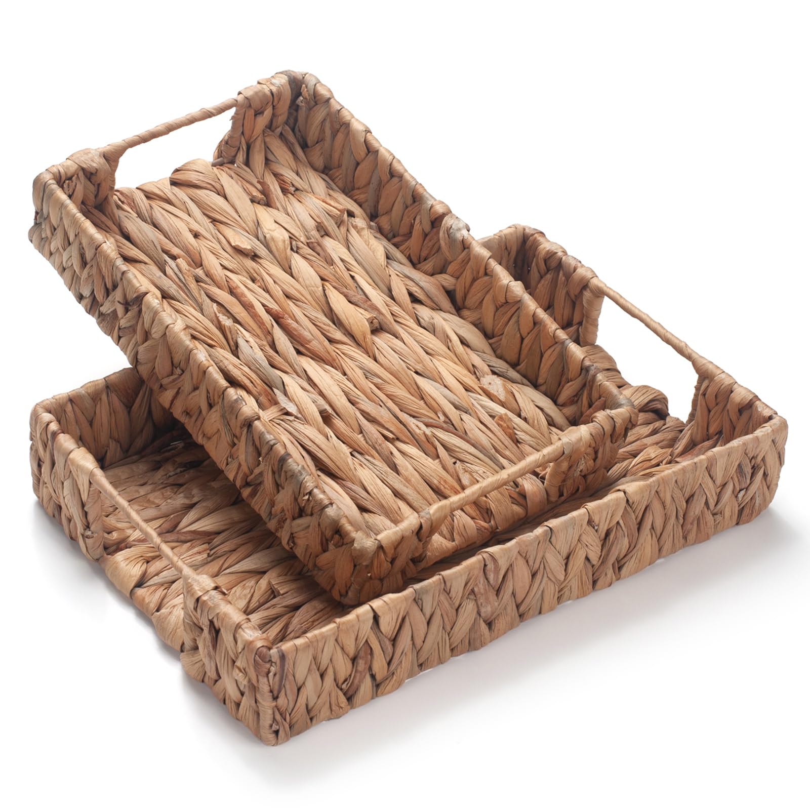 Water Hyacinth Rectangular Serving Tray for Coffee Table Natural Storage Baskets with Handles for Home and Kitchen Decor Set of 