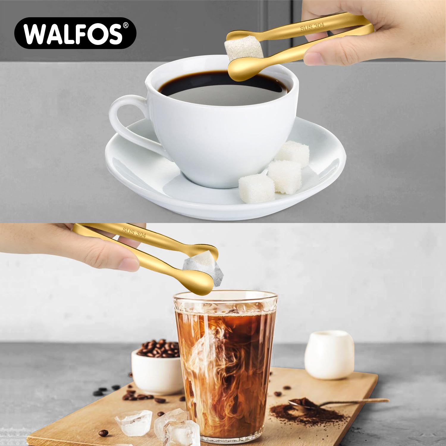 Walfos Small Gold Tongs For Serving Food Grade Stainless Steel 4'' Mini Tongs Appetizers for Parties Catering  Sugar Desserts Tea Party  Coffee Bar  Set of 12 (Gold)