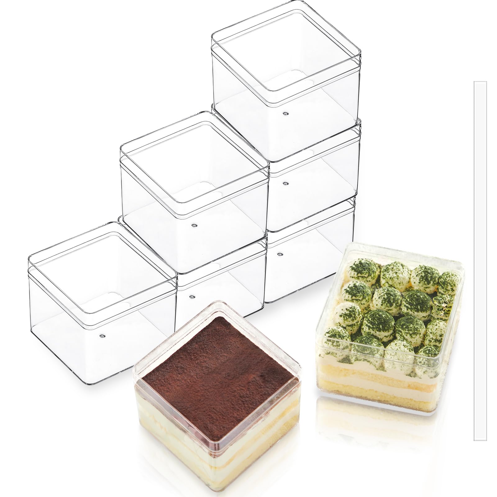 FZJ 50 Pack 12OZ Square Clear Plastic Cups with Lids and Stickers Disposable Fruit Cups for Dessert,Tiramisu container with lid,