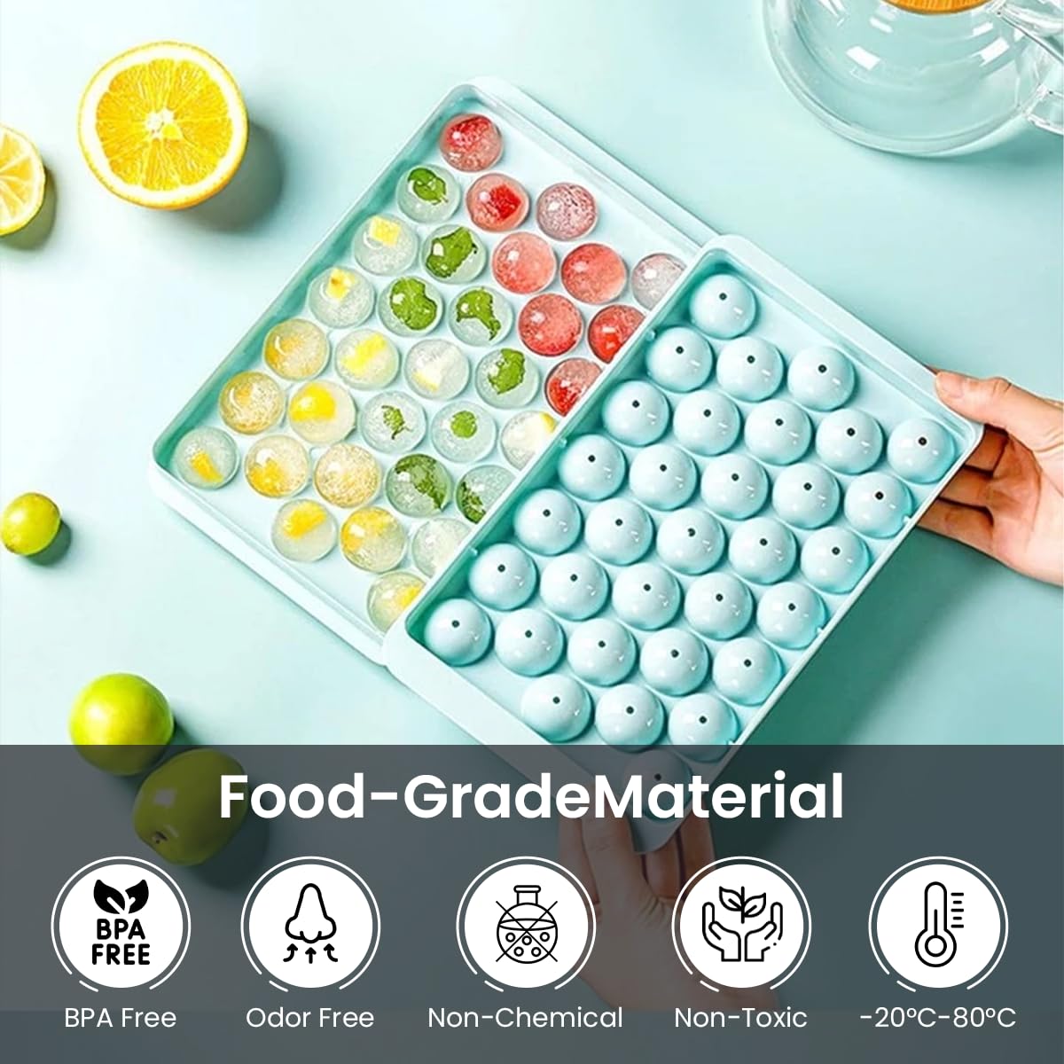 Amerryapple - Silicone Ice Cube Trays For Freezer With Lid, Bin And Scoop | Round Ice Cube Mold | Sphere Ice Ball Maker For Drin