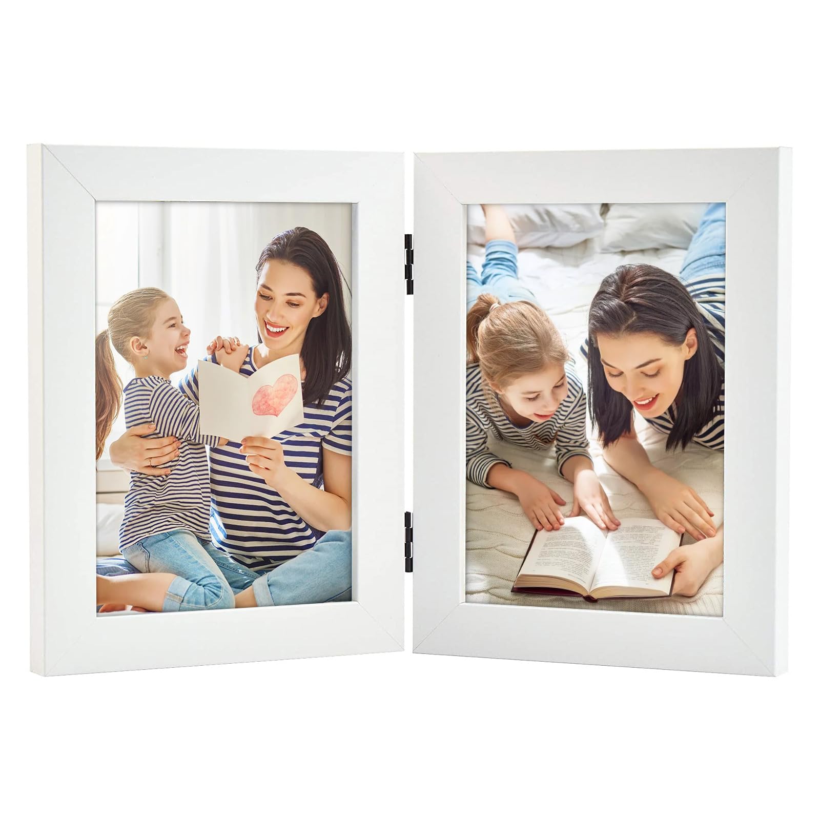 Golden State Art, 5x7 Double Hinged Picture Frame, Two Photo Folding Frames, for Wedding Family Pictures Collage (White, Double,