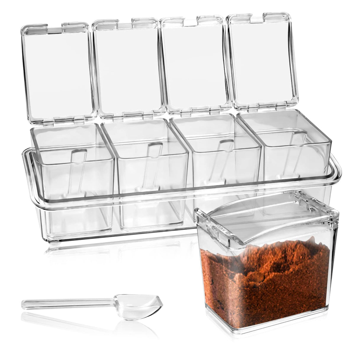 Faxco 4-Cell Clear Seasoning Rack Spice Box, Storage Container Condiment Jars Acrylic Seasoning Box with Cover and Spoon (Basic