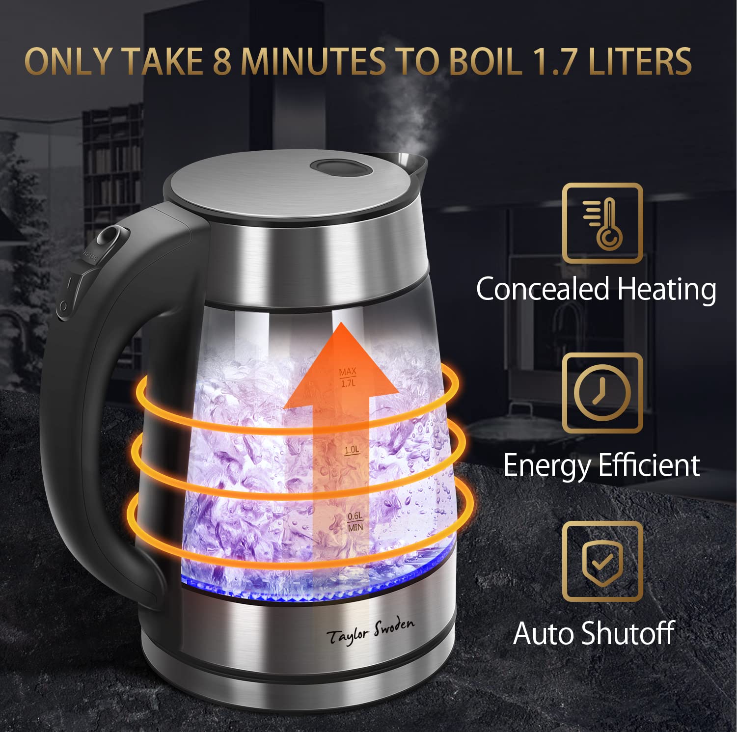 Taylor Swoden Electric Hot Water Kettle 1.7L Borosilicate Glass Cordless with Auto Shutoff - Fast Boiling Tea & Coffee Kettle