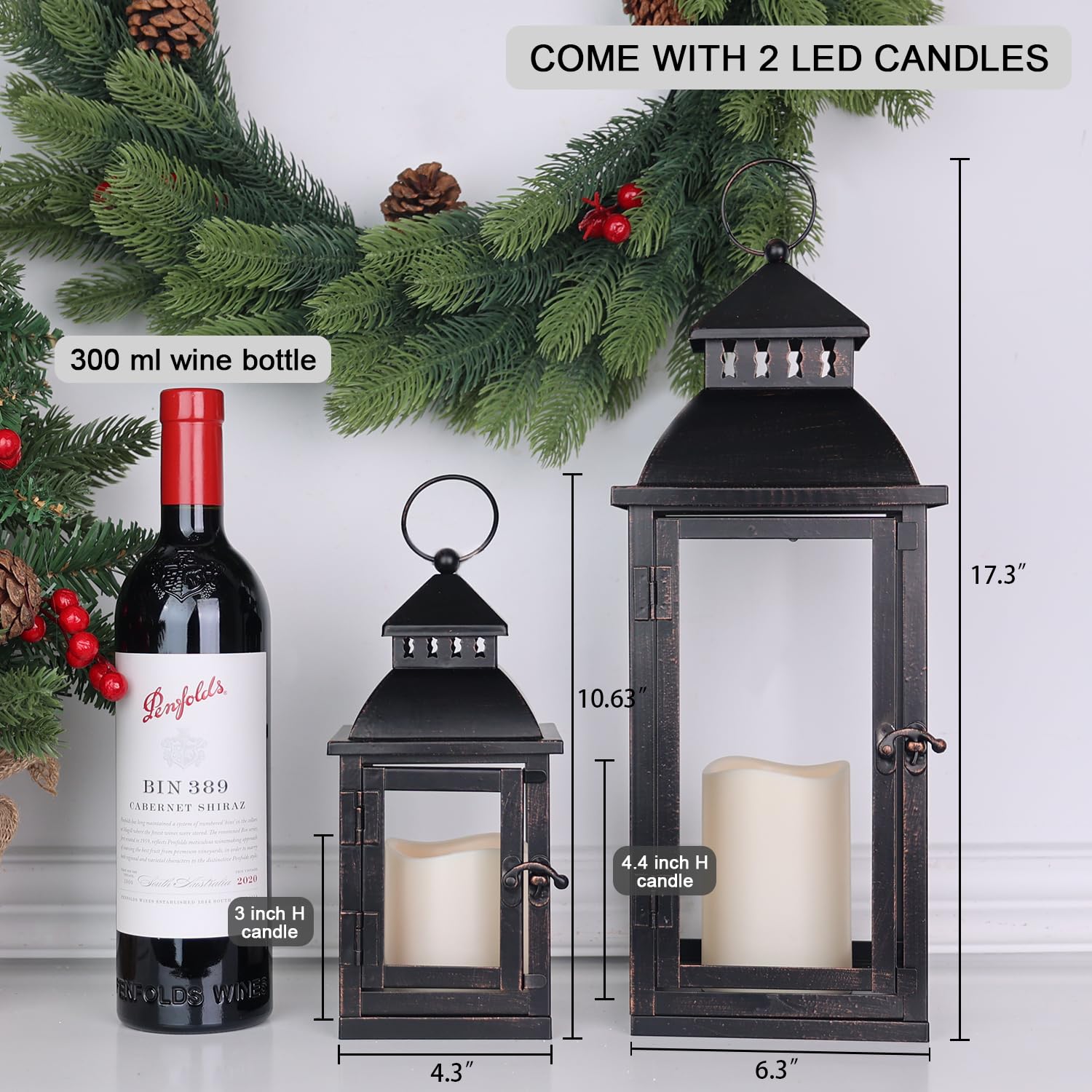 NEEDOMO LED Lanterns Decorative Outdoor&Indoor, Set of 2 Large Bronze Metal Lantern Decor with LED Candle, Lantern Decor for Por