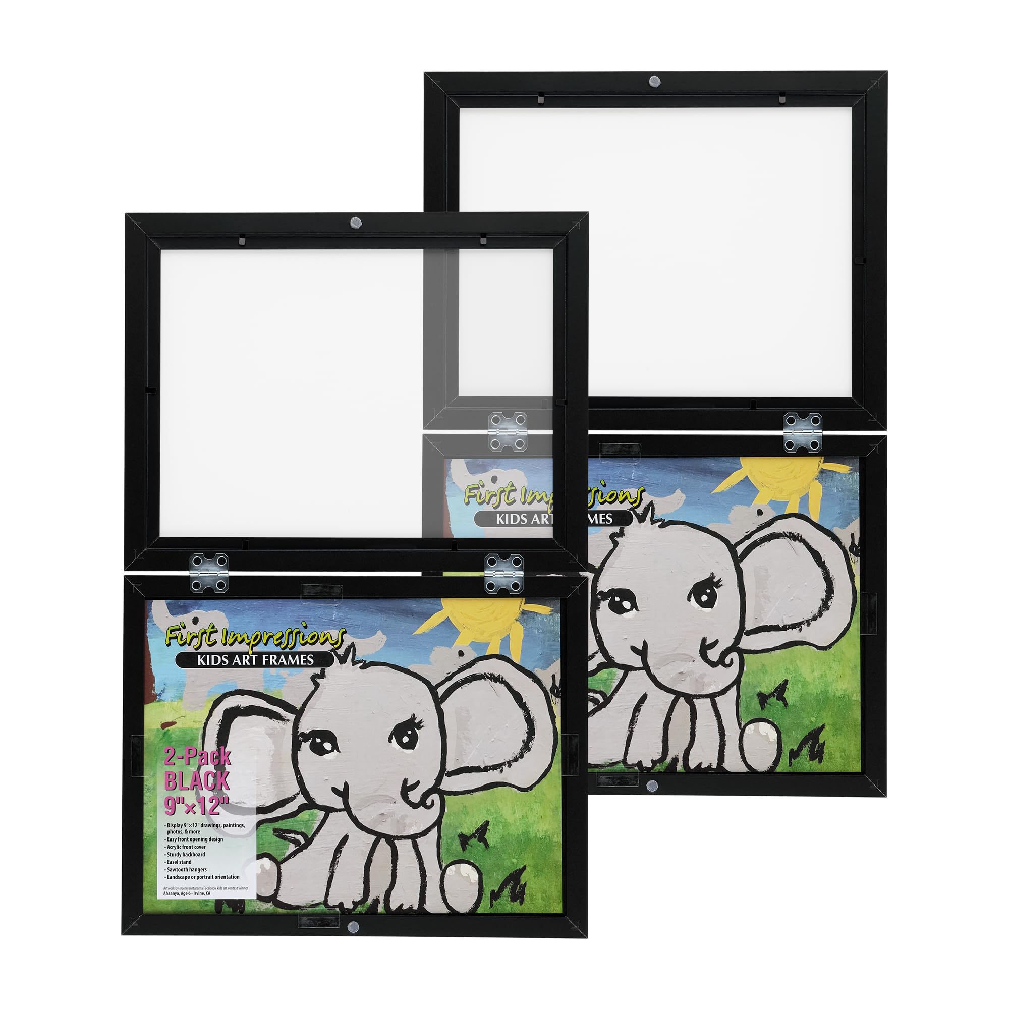 Creative Mark First Impressions Quick Change Kids Art Frame - 9x12 Black, Pack of 2- Unique Front-Load, Hinged Artwork Frames fo