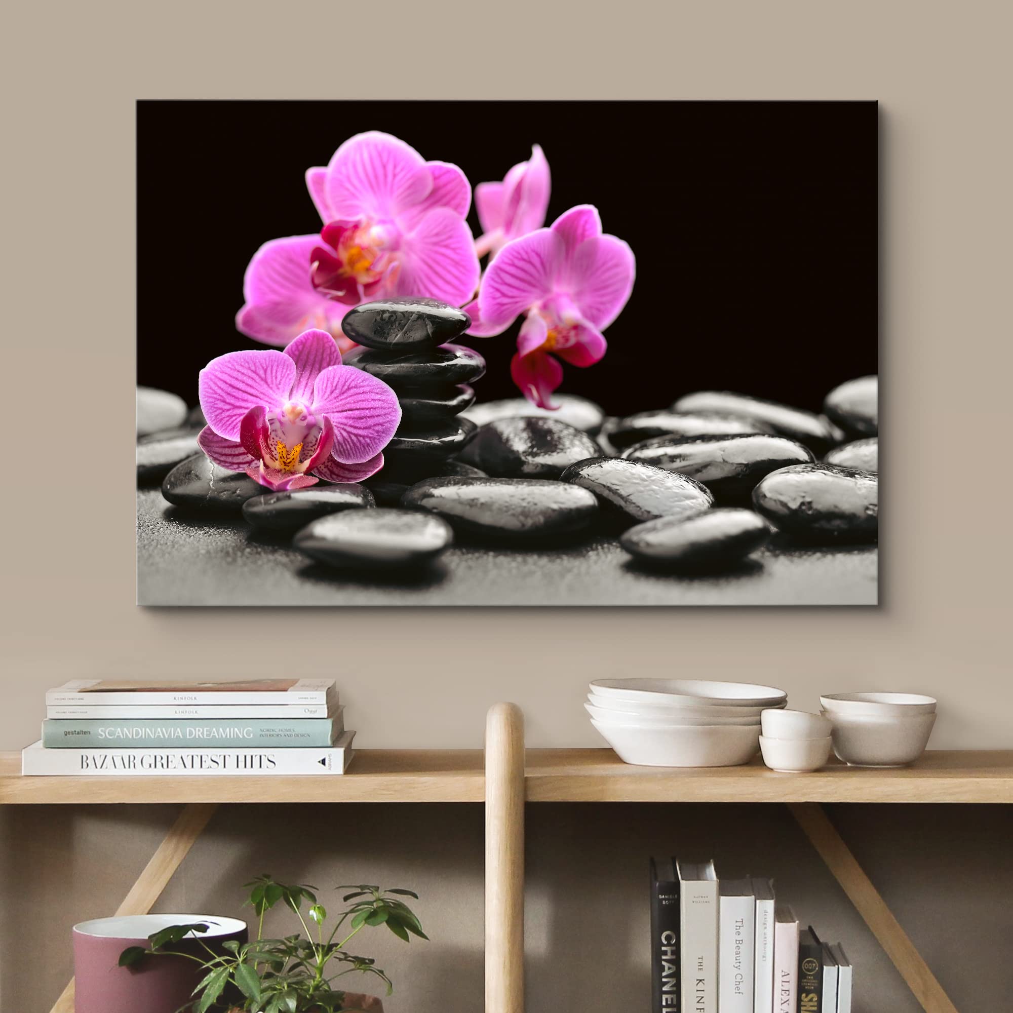 Wall26 Canvas Print Wall Art Purple Orchid Flowers Zen Black Beach Pebbles Nature Wilderness Photography Realism Rustic Landscap