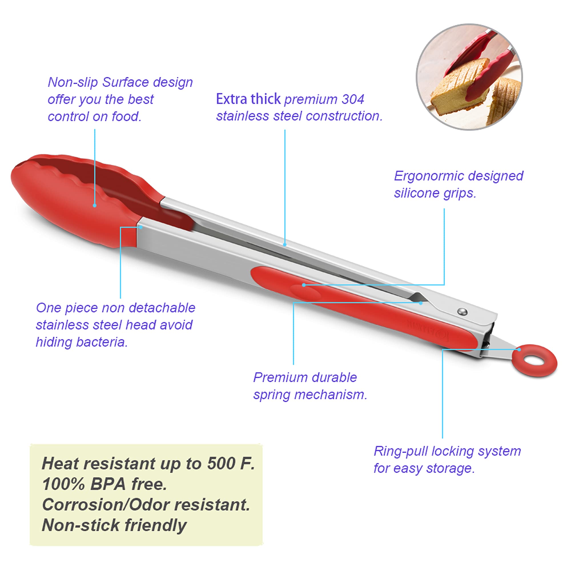 3 Pack Red Kitchen Tongs, Premium Silicone Bpa Free Non-Stick Stainless Steel Bbq Cooking Grilling Locking Food Tongs, 9-Inch 10