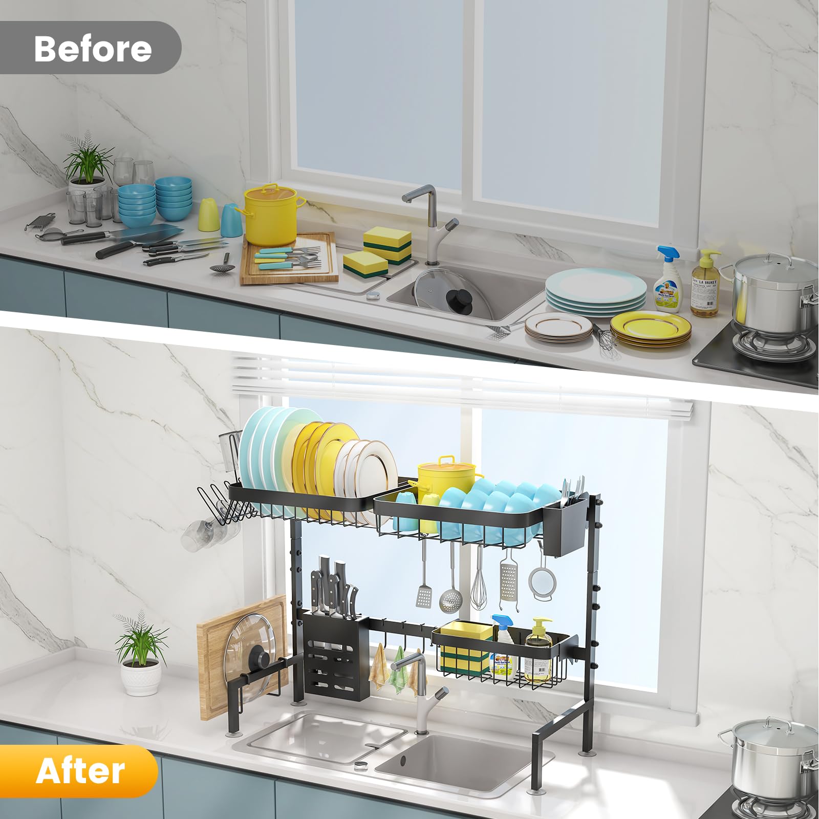 MERRYBOX Over The Sink Dish Drying Rack Adjustable Length (25-33in)  2 Tier Dish Rack Over Sink with Multiple Baskets Utensil Holder Cup Holder  Full Set Large Dish Rack for Kitchen Sink Organizer
