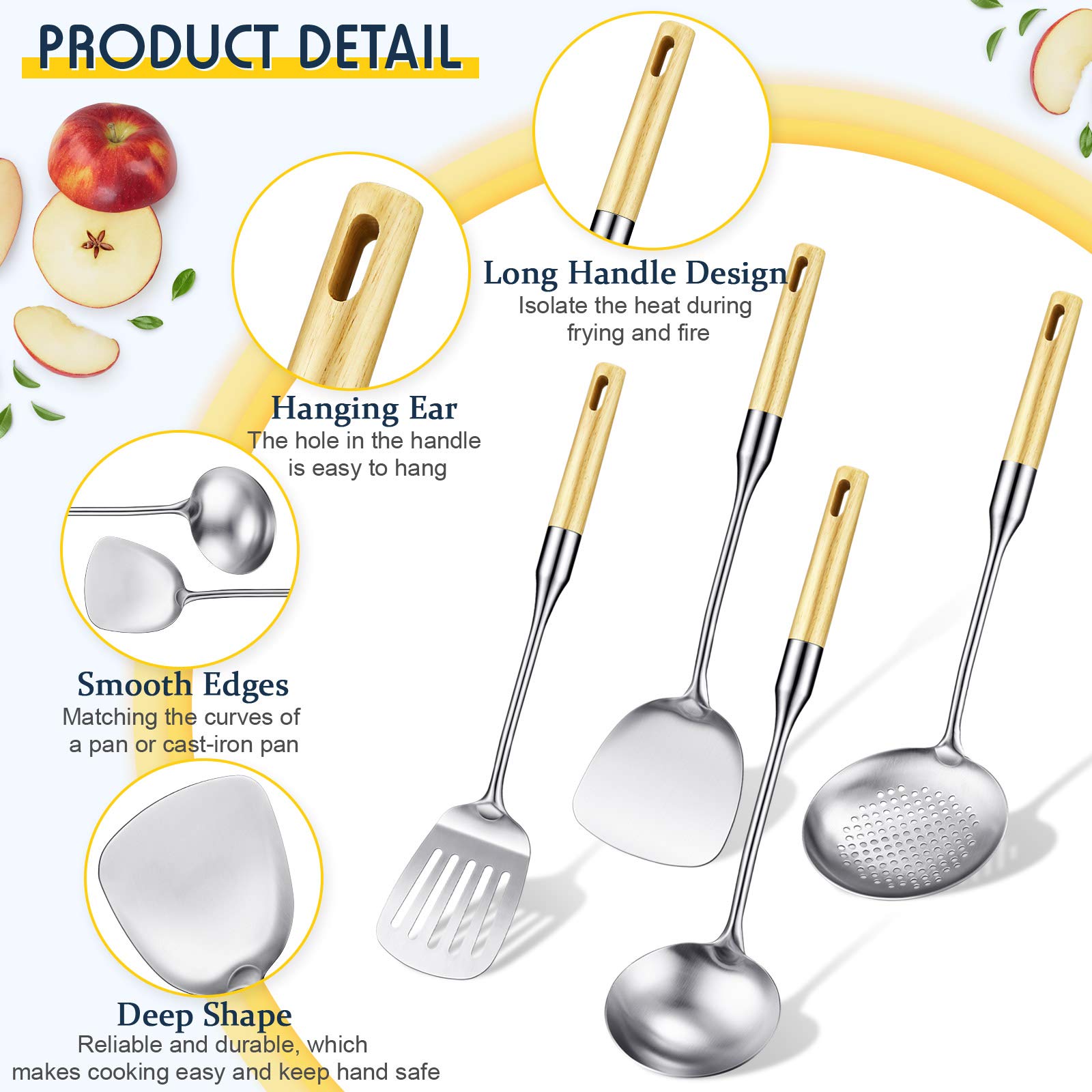 Stainless Steel Kitchen Cooking Utensils Specialty Chinese Wok Utensil Set With Skimmer Slotted Spoon, Spatula Turner, Wok Spatu