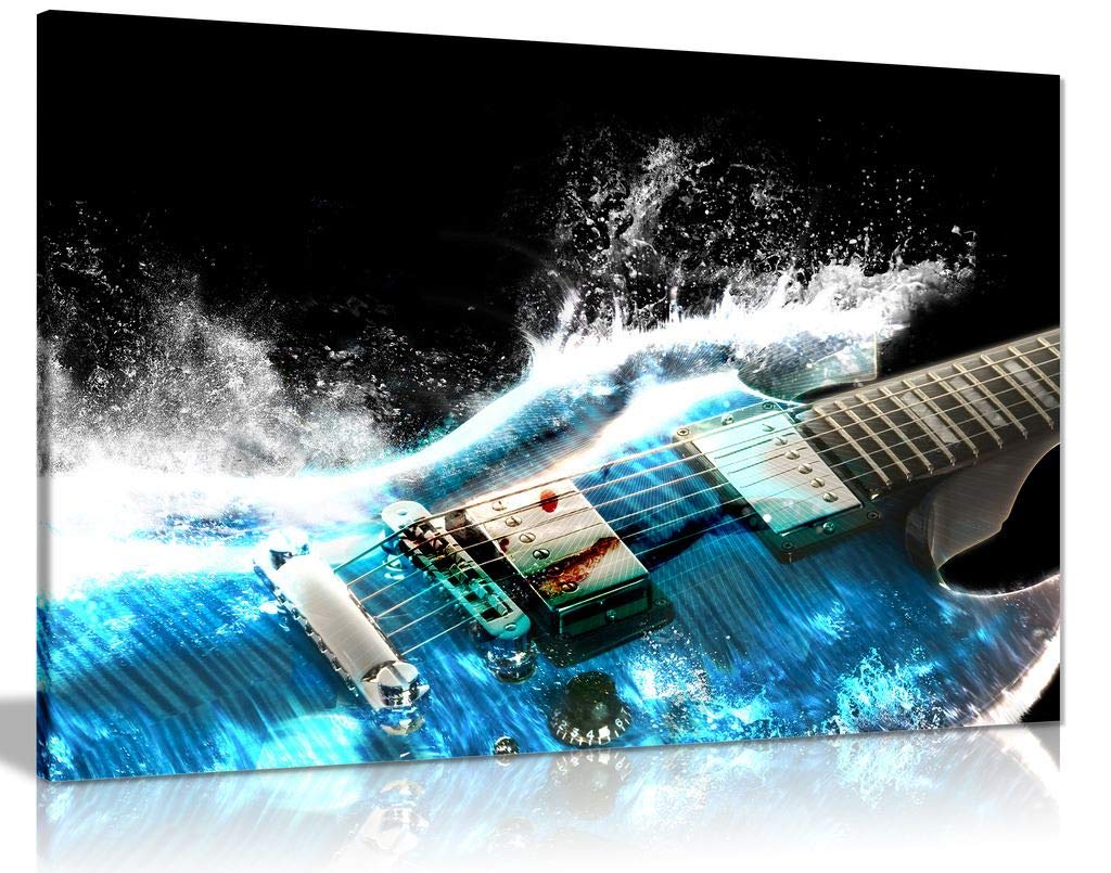 Guitar In Blue And Waves Music Canvas Wall Art Picture Print For Home Decor (30X20)