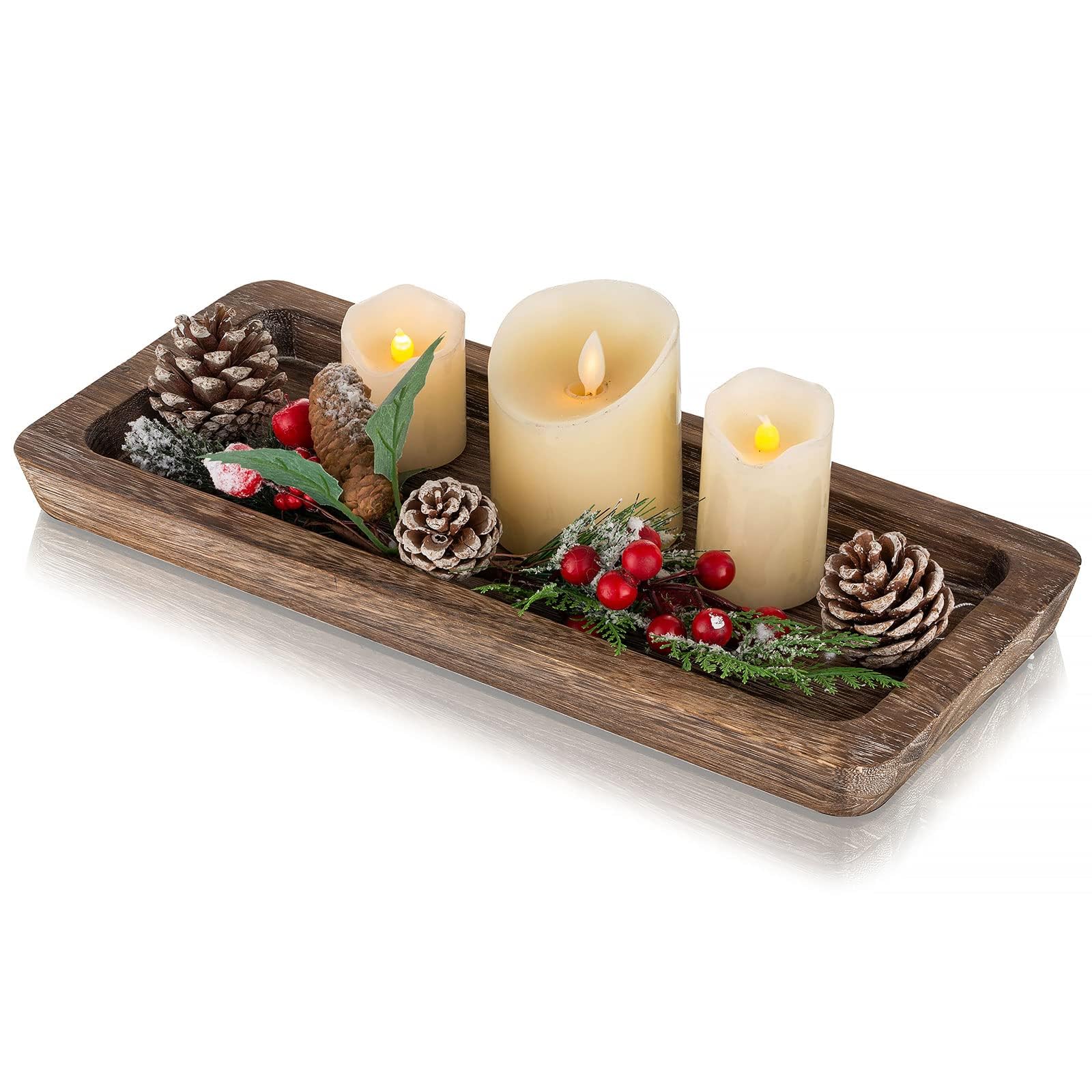 Romadedi Wooden Decorative Tray Candle Holder Wood Long Narrow Tray Home Decor, Small Rustic Centerpieces Trays For Coffee Table