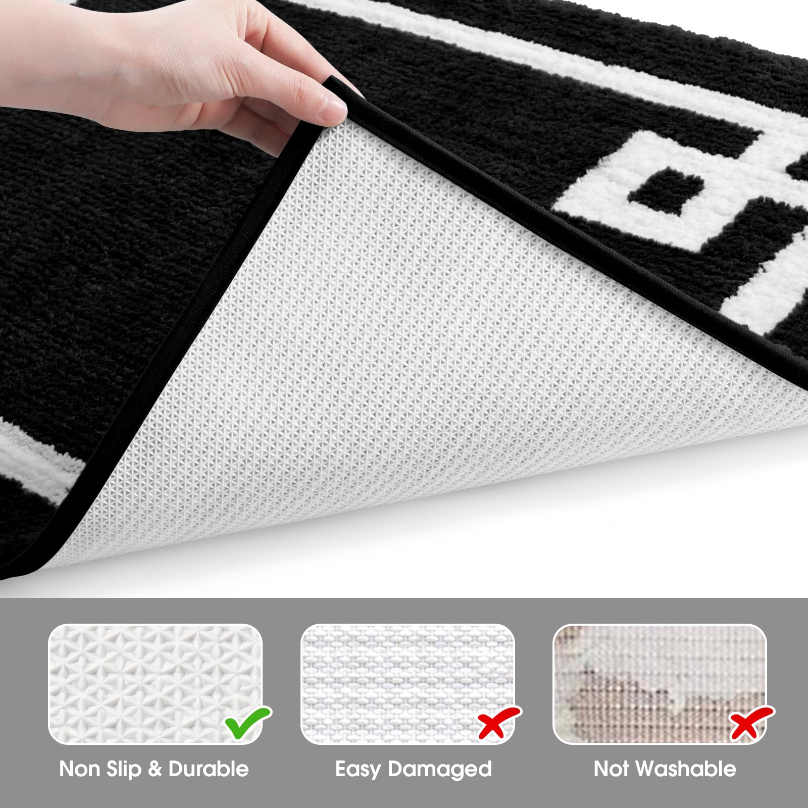 Homeideas Bathroom Rug, Soft And Water Absorbent Bath Mat, Non-Slip Fluffy Plush Microfiber Carpet For Tub And Shower (Black And