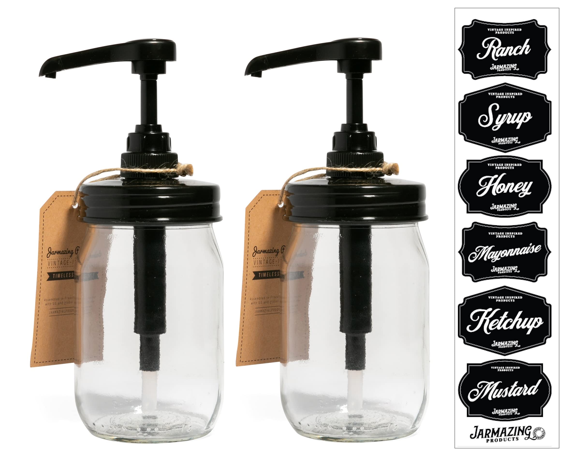 Jarmazing Products Mason Jar Syrup Dispenser - Set Of 2 - 16 Oz Smooth Jars With Rust-Proof, Leak-Proof, Food Grade Pumps For Ho