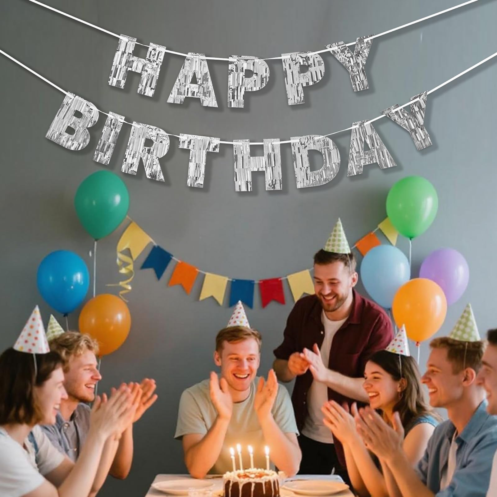 Pre-Strung Silver Happy Birthday Banner- 9ft No DIY Glitter Foil Party Garland for Men, Women, Kids - Wall, Photo Backdrop, Dess