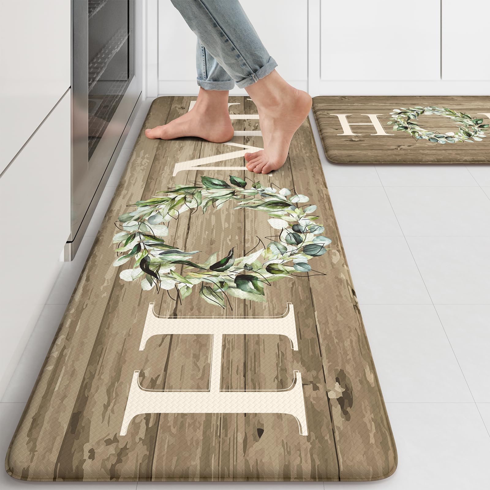 Kimode Kitchen Mats Cushioned Anti Fatigue, 17''X47''+17''X29'' Farmhouse Kitchen Rugs Sets Of 2, Non Slip Kitchen Mats For Floo