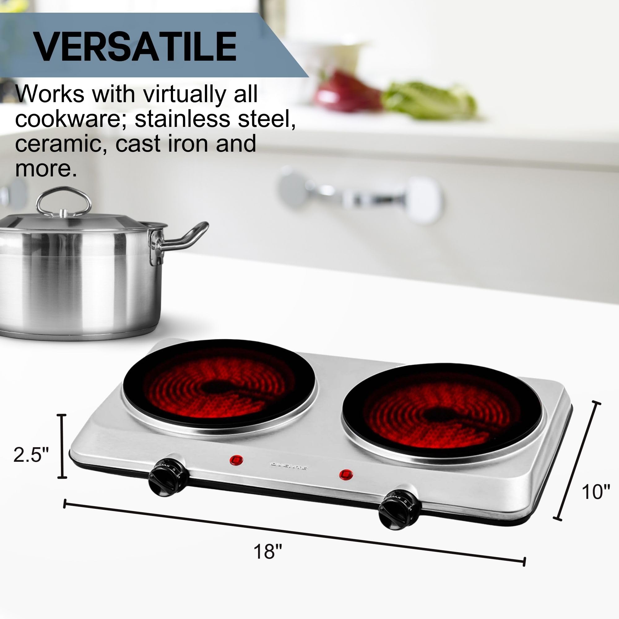 OVENTE Countertop Infrared Double Burner  1500W Electric Hot Plate and Portable Stove with 7.5 Ceramic Glass Cooktop  6 Level Temperature Setting and Easy to Clean Base  Silver BGI202S