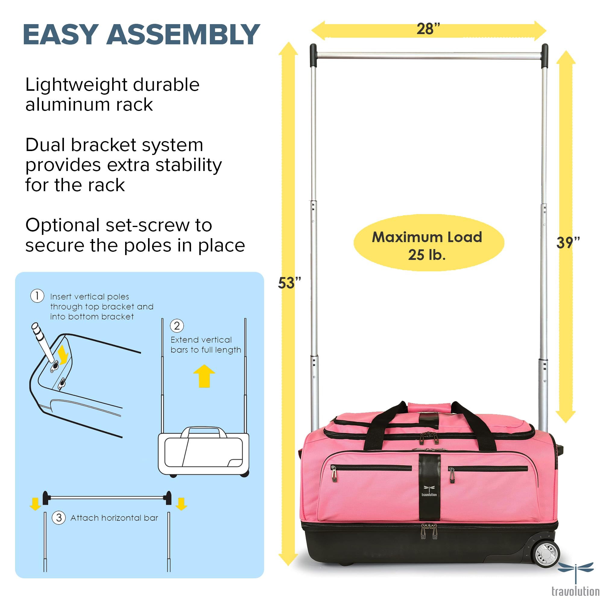 Travolution Dance Bag With Garment Rack, 28 Inch Rolling Duffel With Wheels, Ideal For Competitions & Travel, Easy-Assembly Ligh