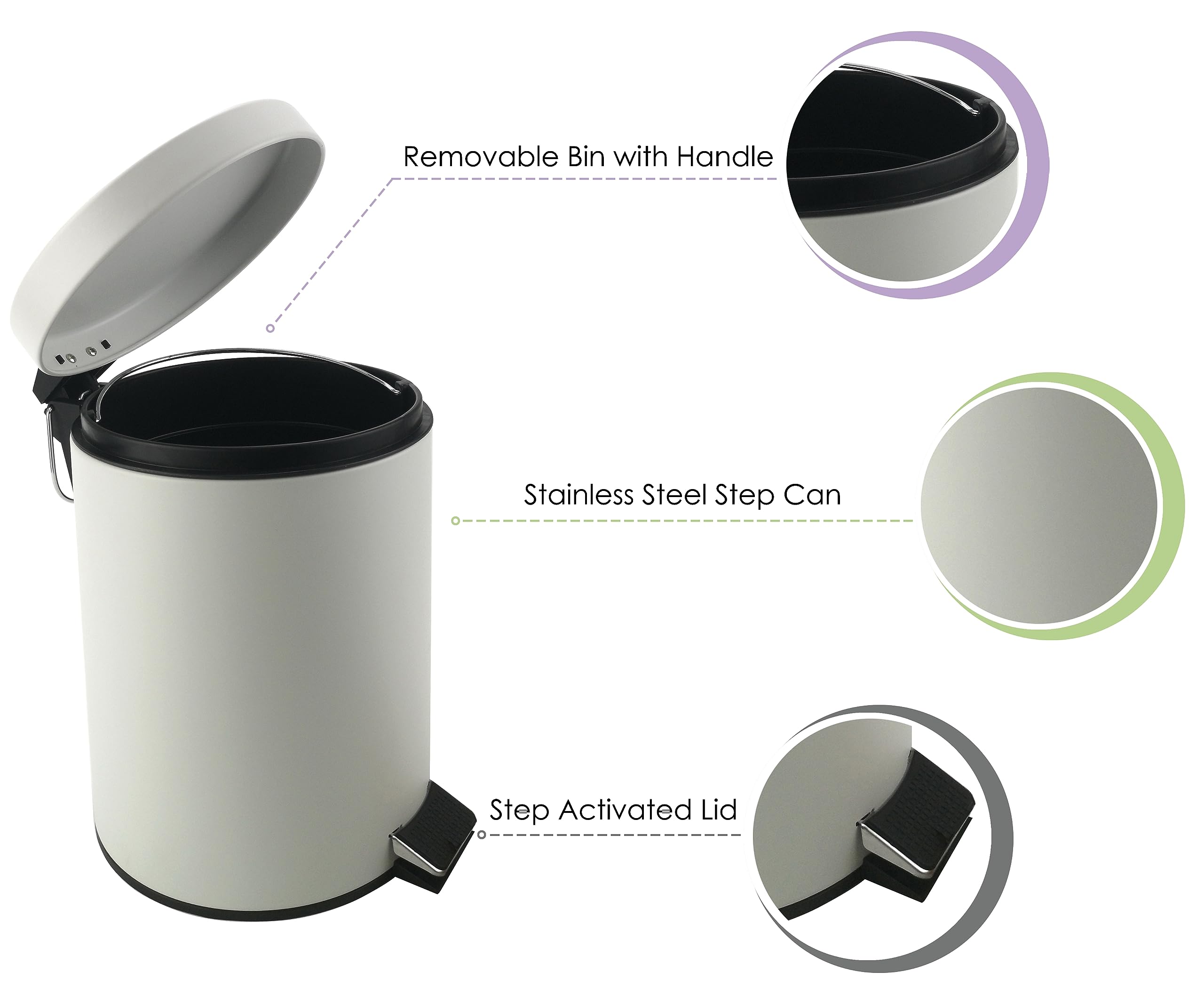 Stainless Steel Small Trash Can With Lid & Step Pedal - 5 Liters/1.3 Gallon Soft Close Waste Basket With Removeable Inner Bucket