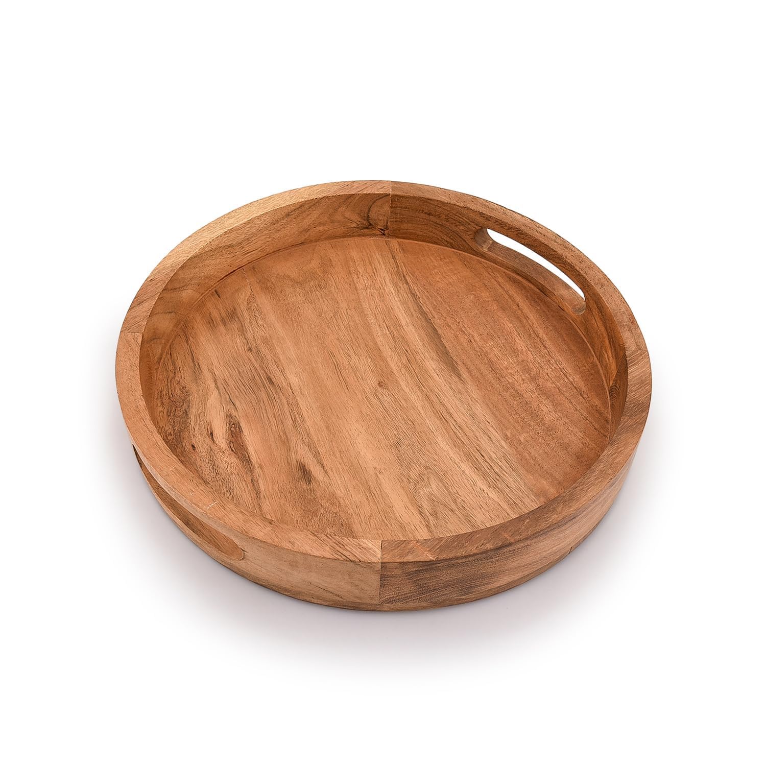 Auranest Decors Wooden Round Serving Tray With Handles | Compact Tea & Snack Tray For Kitchen, Dining Table & Coffee Table | Mul