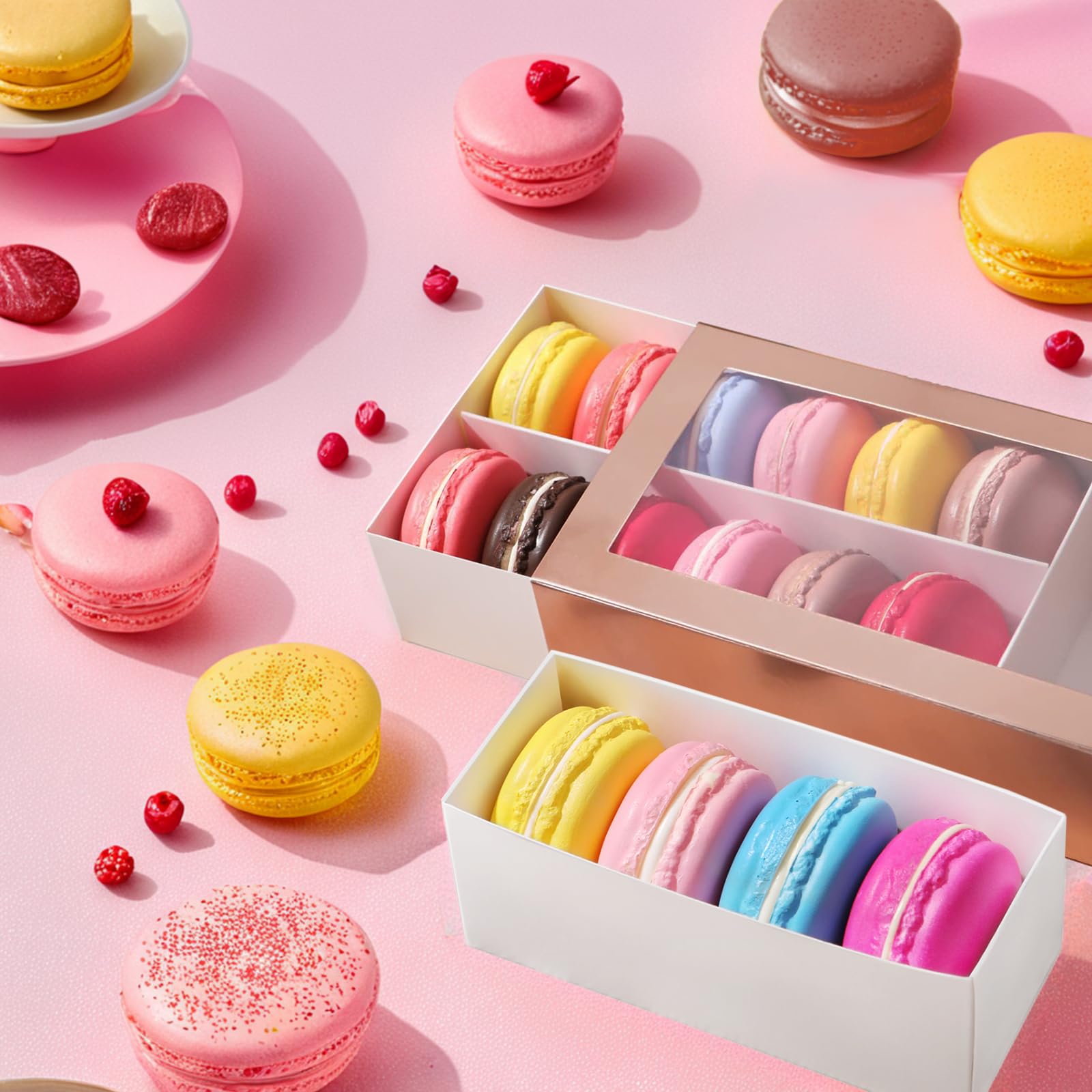 BAKIPACK Macaron Boxes - 15 Gold Macaron Gift Boxes with Clear Window, Interior 7.3x4.2x1.9 Inches