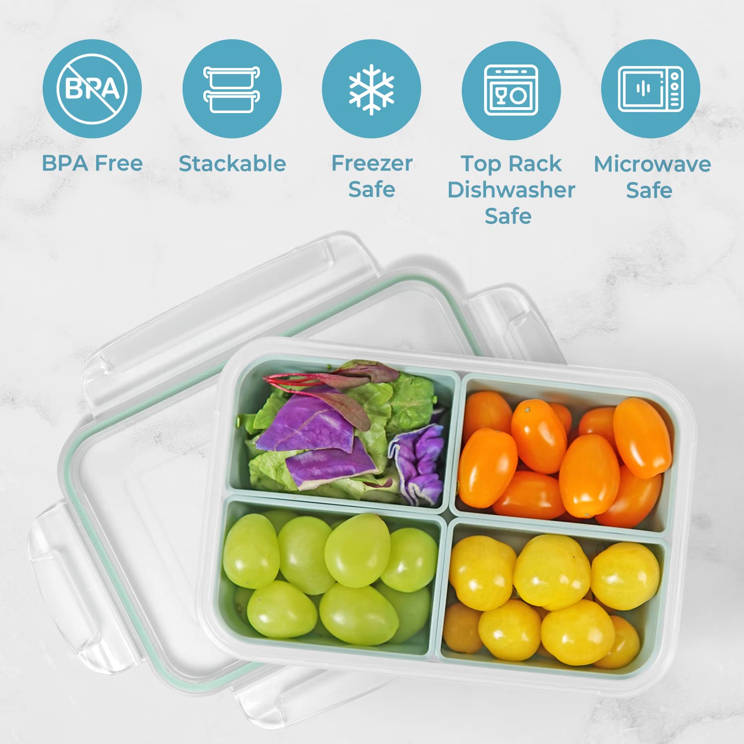 Carrotez Food Storage Container With 4 Removable Compartments, Food Prep Container With Airtight Lids, Portion Control Container