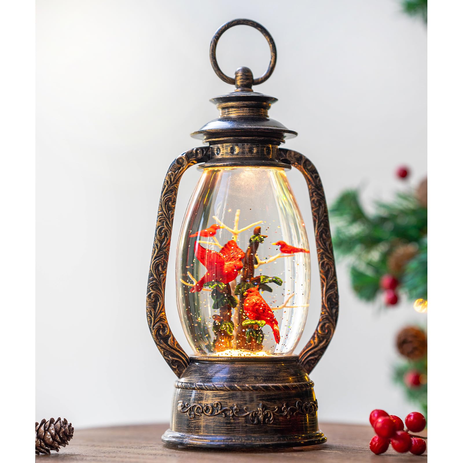 12'' Lighted Cardinals Snow Globe Lantern, Music Water Lantern with Swirling Glitter Decoration for Christmas Home, Living Room,