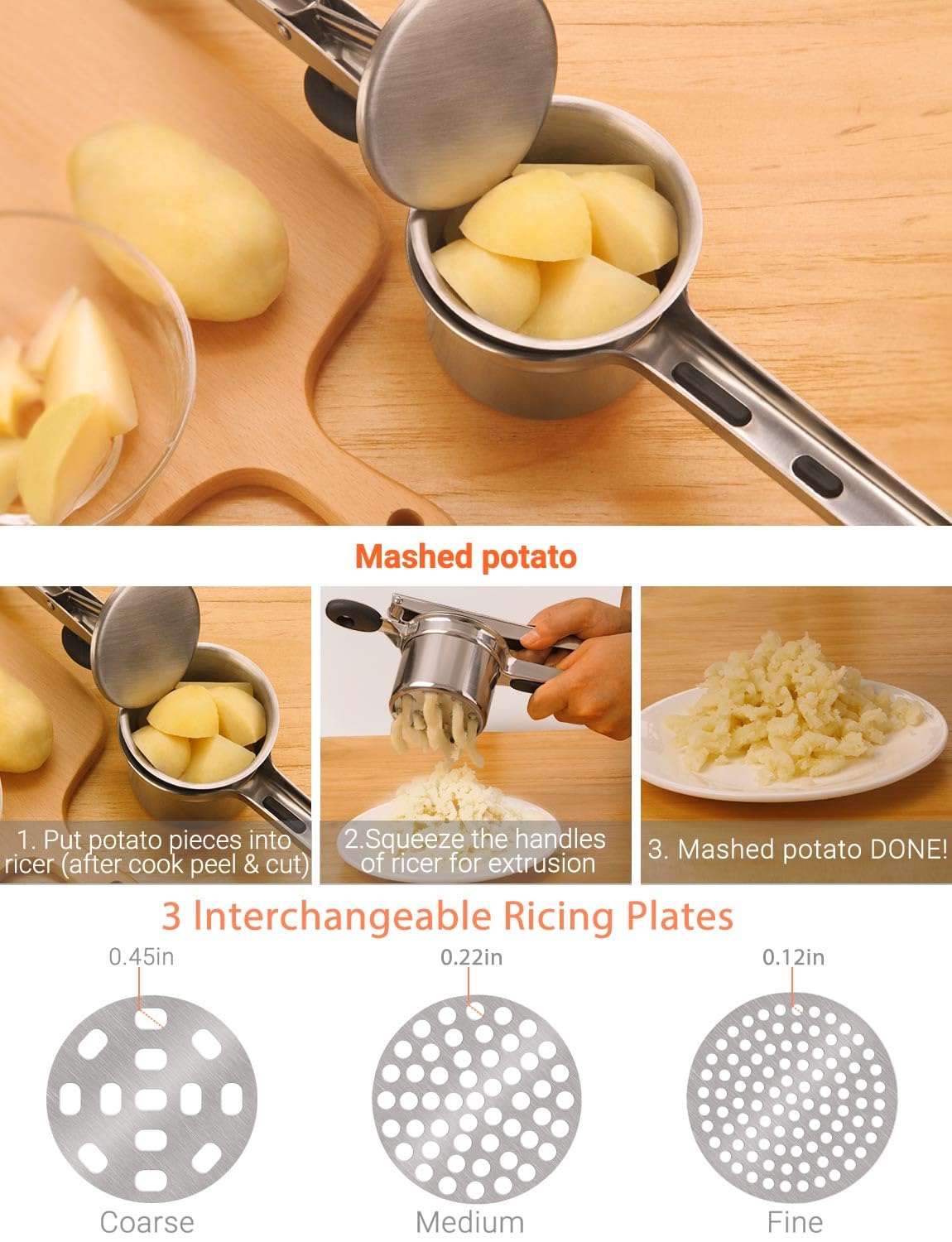 Willizter Potato Ricer, Stainless Steel Potato Ricer Fruit And Vegetables Masher Food Ricer Large Capacity With 3 Interchangeabl
