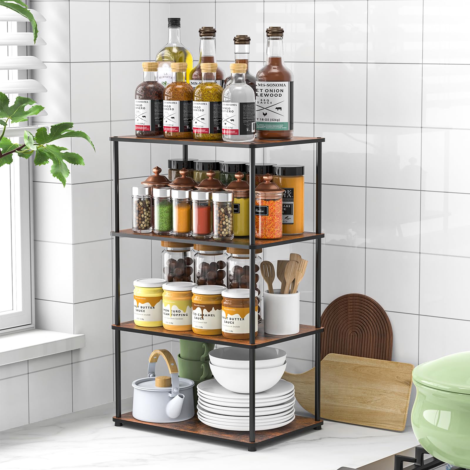 OneAhead Design Countertop Spice Rack, Stackable Wood & Metal Pantry Cabinet Shelf Organizer Storage, 4Tier or Split into 22